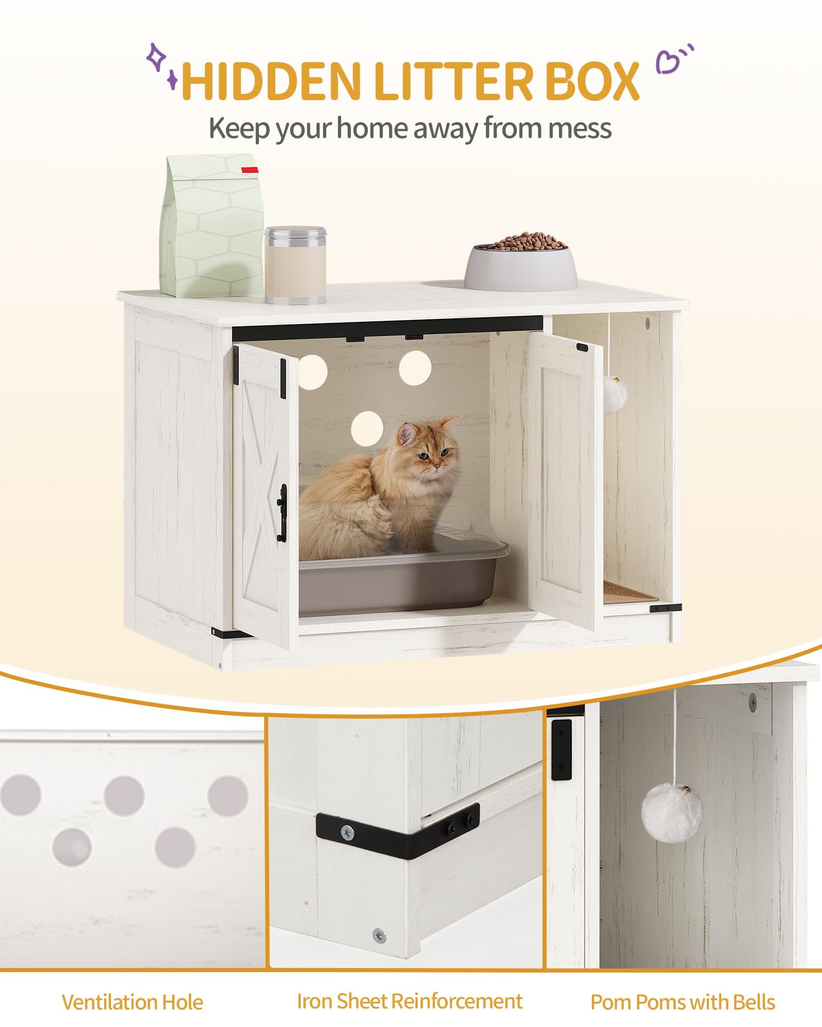 Hzuaneri Cat Litter Box Enclosure – Hidden Cabinet with Bell, Farmhouse Style (31.5 x 19.7 x 20.9 in) CB82414B