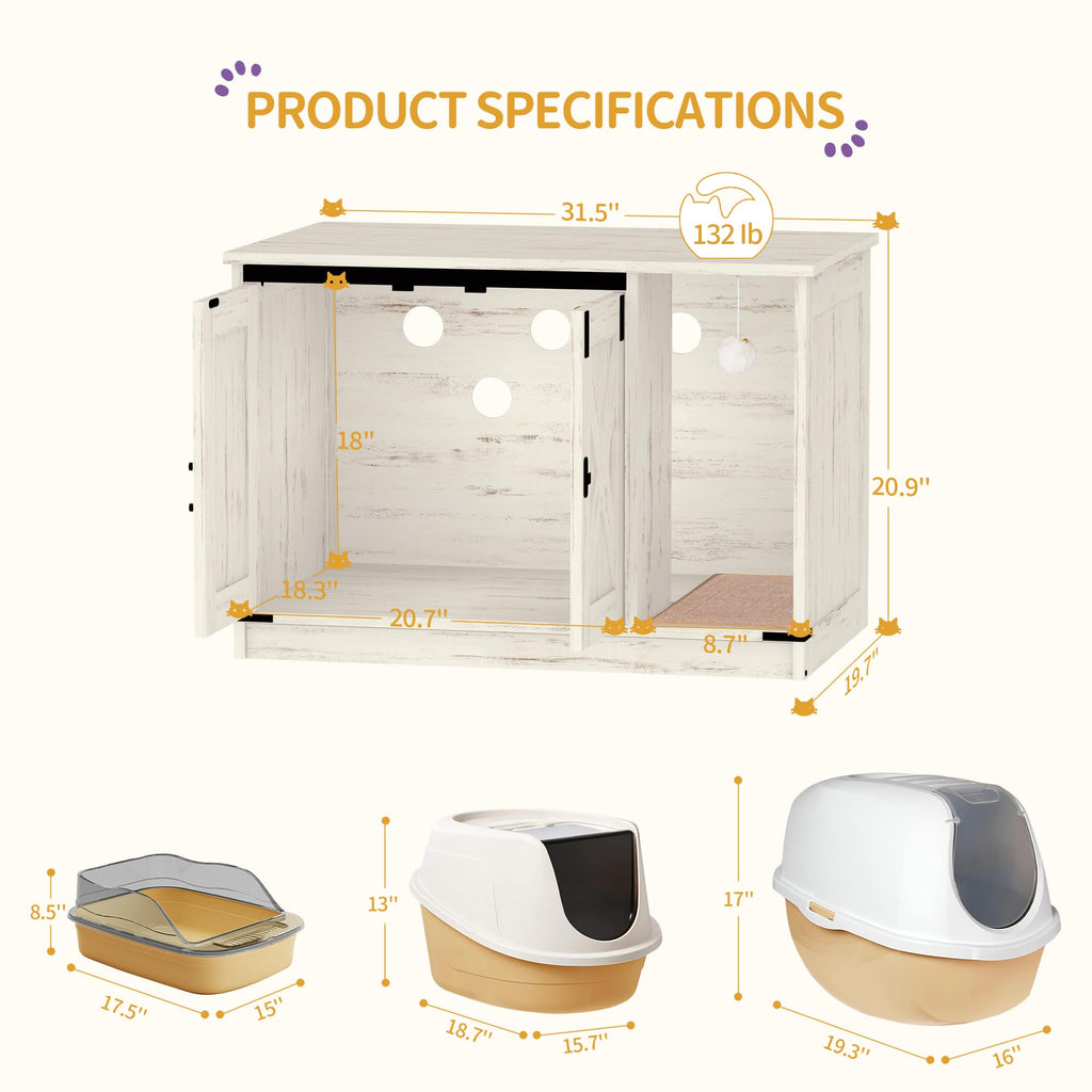 Hzuaneri Cat Litter Box Enclosure – Hidden Cabinet with Bell, Farmhouse Style (31.5 x 19.7 x 20.9 in) CB82414B