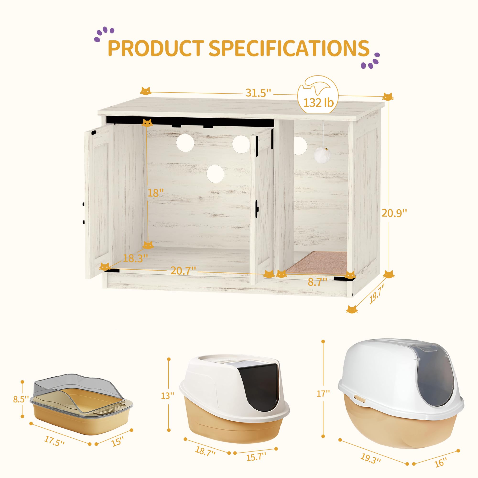 Hzuaneri Cat Litter Box Enclosure – Hidden Cabinet with Bell, Farmhouse Style (31.5 x 19.7 x 20.9 in) CB82414B