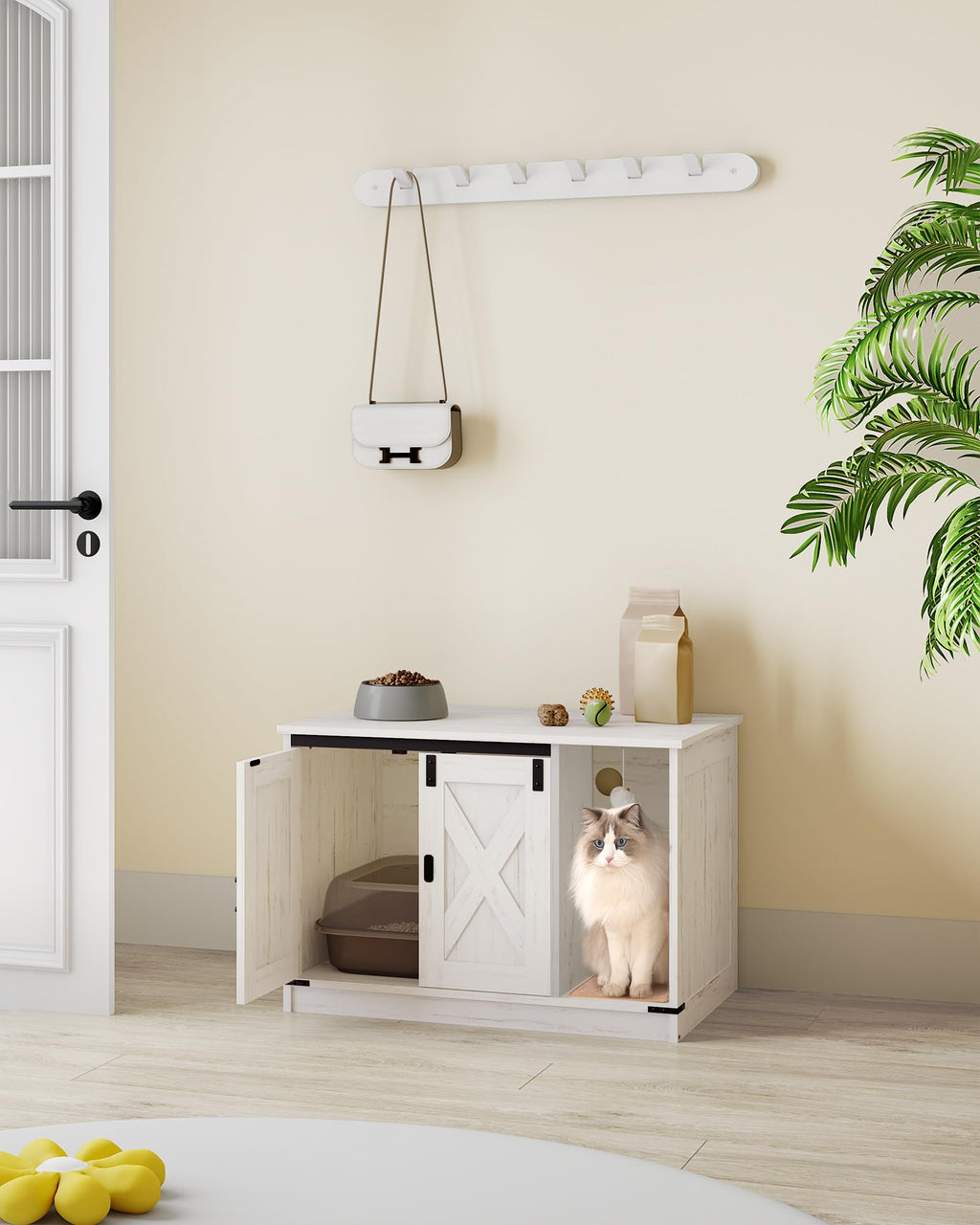 Hzuaneri Cat Litter Box Enclosure – Hidden Cabinet with Bell, Farmhouse Style (31.5 x 19.7 x 20.9 in) CB82414B