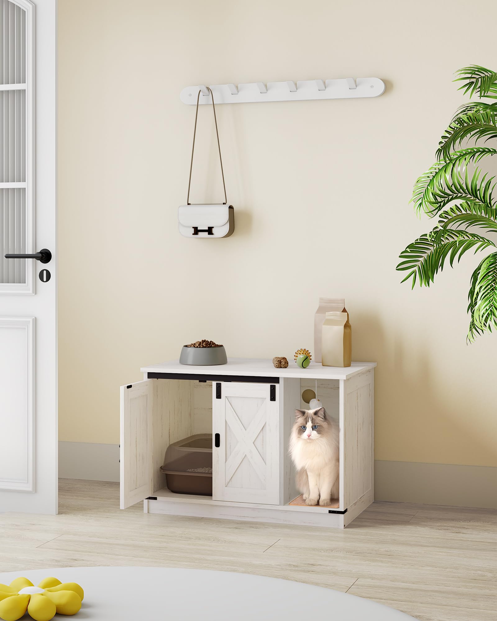 Hzuaneri Cat Litter Box Enclosure – Hidden Cabinet with Bell, Farmhouse Style (31.5 x 19.7 x 20.9 in) CB82414B