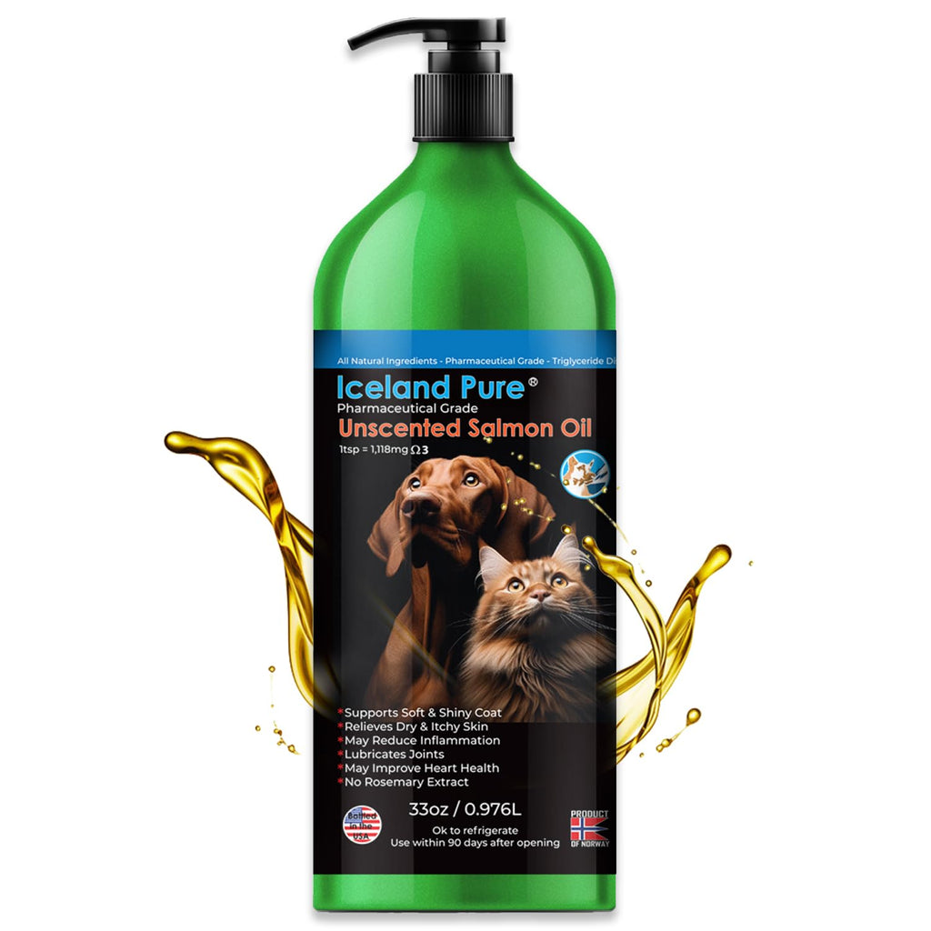 Iceland Pure Salmon Oil – Unscented Pharmaceutical Grade, 1118mg Omega-3 per Teaspoon | For Dogs & Cats | BPA-Free Pump Bottle 33oz
