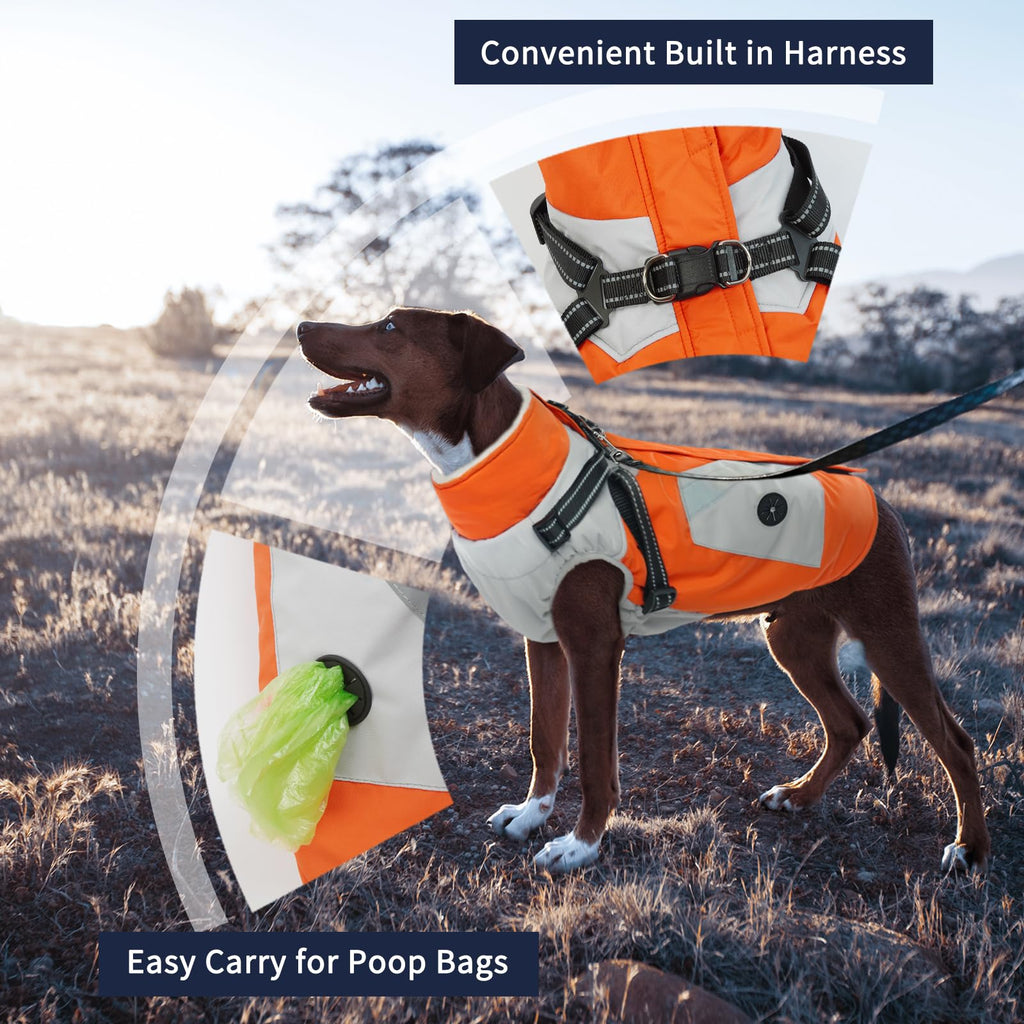 IECOii Dog Coat with Harness Built-In - Orange, Large | Waterproof Winter Jacket