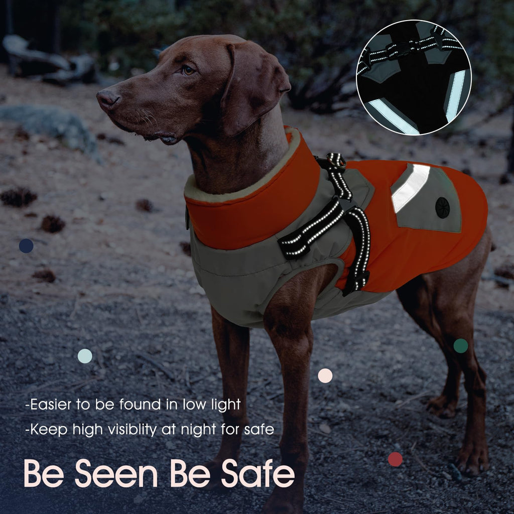 IECOii Dog Coat with Harness Built-In - Orange, Large | Waterproof Winter Jacket