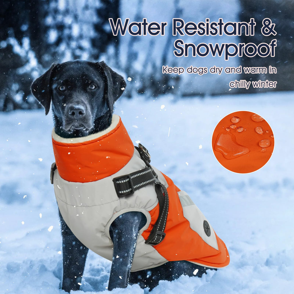 IECOii Dog Coat with Harness Built-In - Orange, Large | Waterproof Winter Jacket