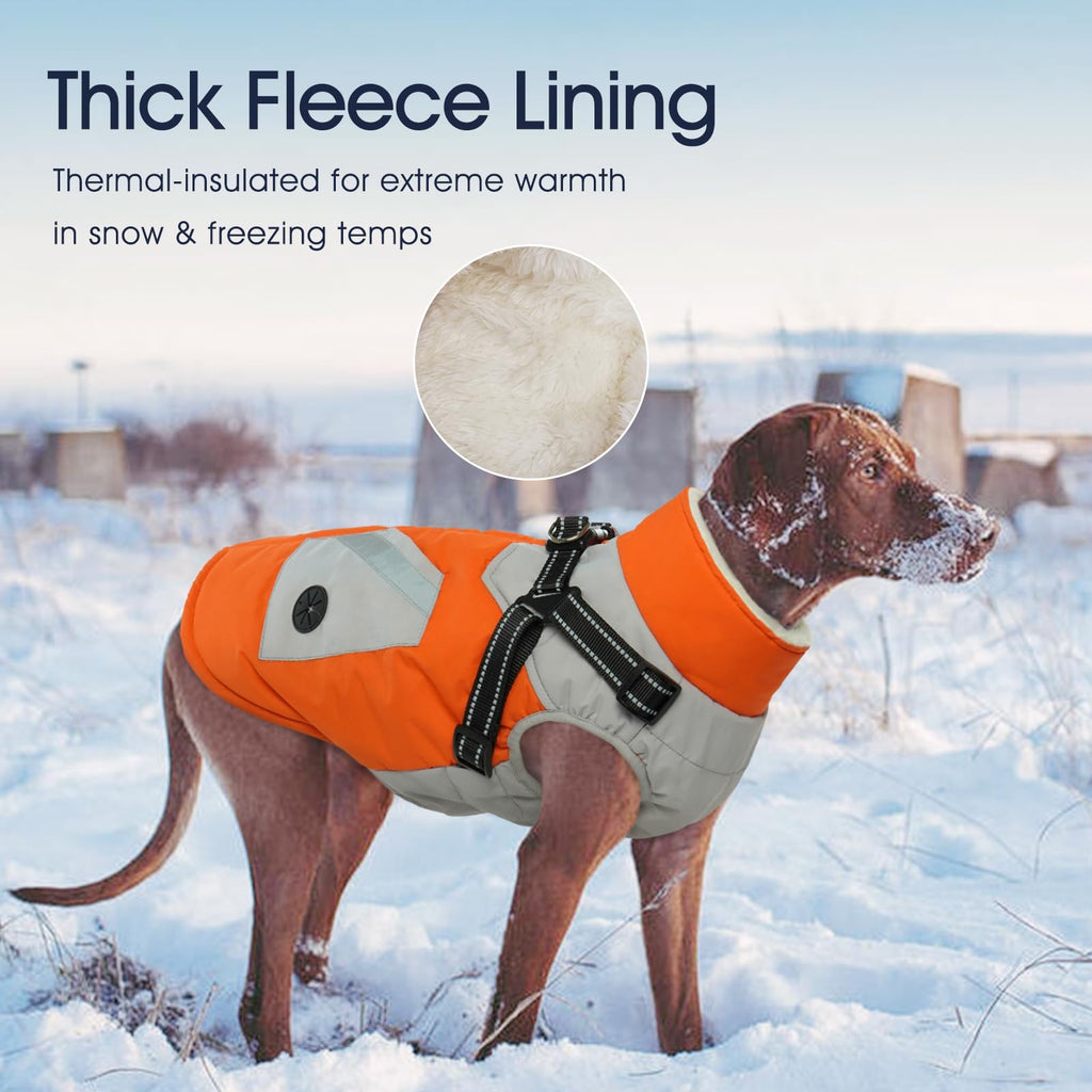 IECOii Dog Coat with Harness Built-In - Orange, Large | Waterproof Winter Jacket