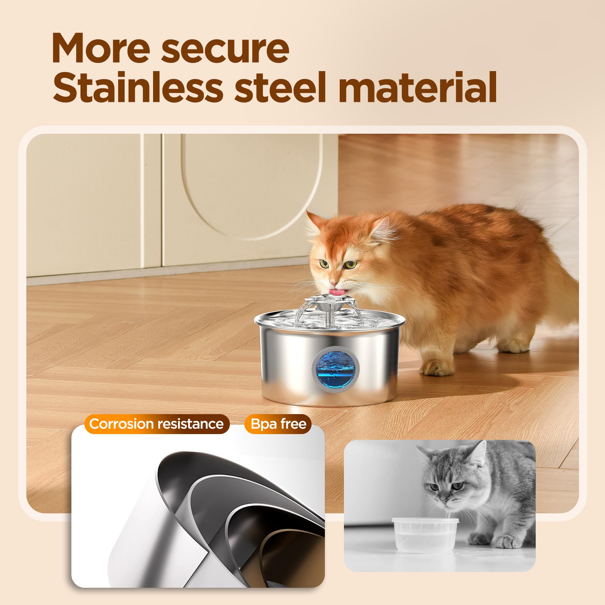 IHOUONE Cat Water Fountain Stainless Steel – 88oz/2.6L, Flower Spout, 4-Stage Filtration