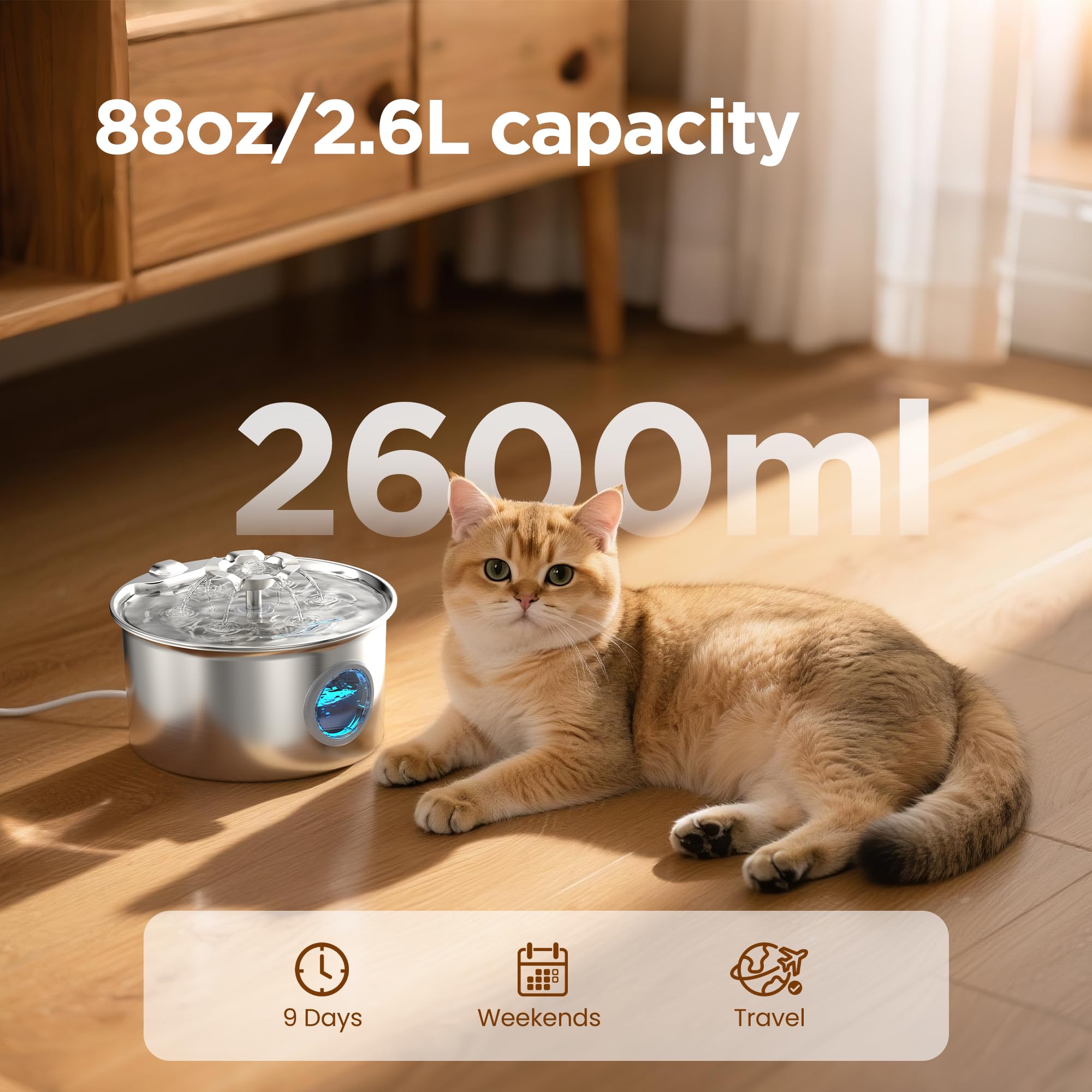 IHOUONE Cat Water Fountain Stainless Steel – 88oz/2.6L, Flower Spout, 4-Stage Filtration