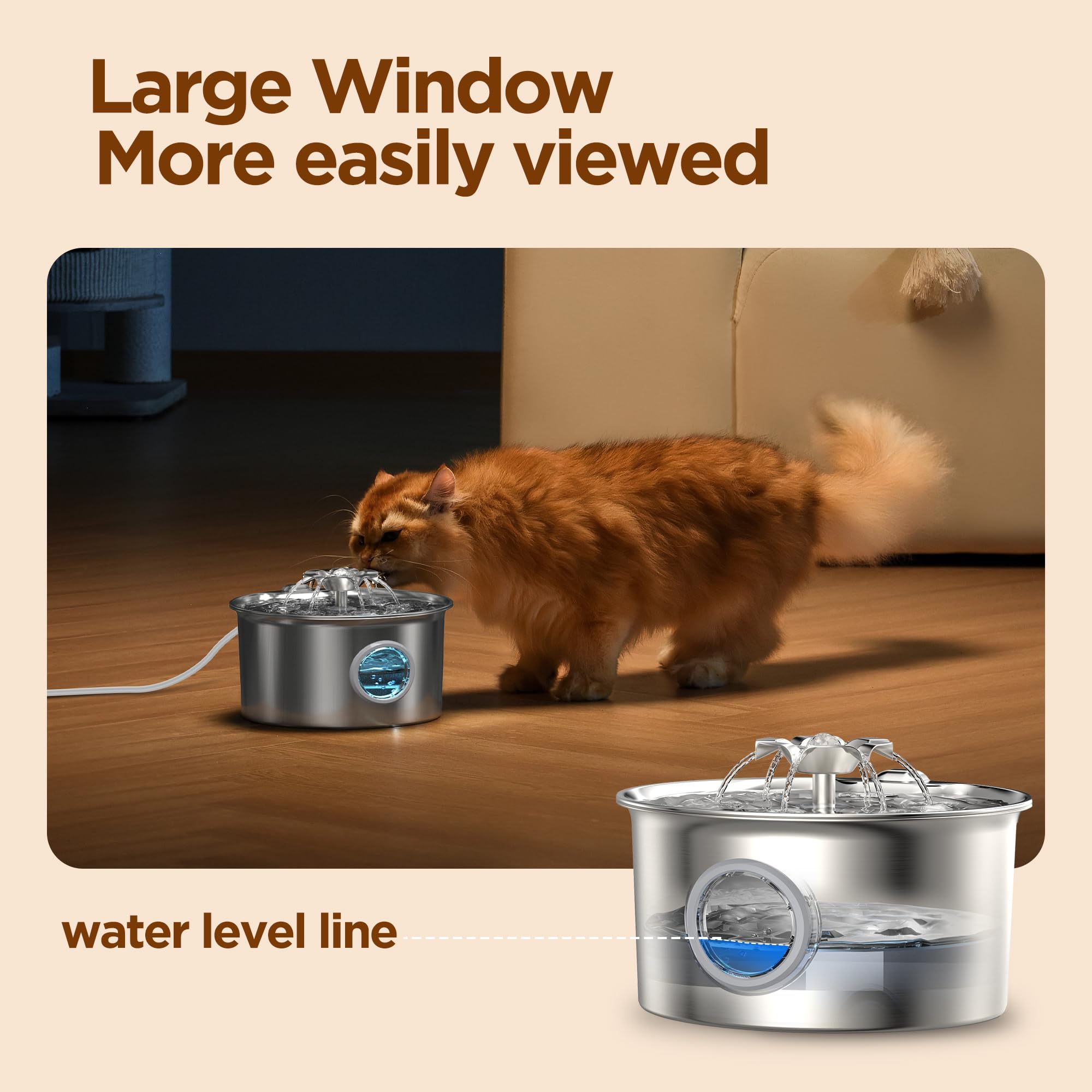 IHOUONE Cat Water Fountain Stainless Steel – 88oz/2.6L, Flower Spout, 4-Stage Filtration