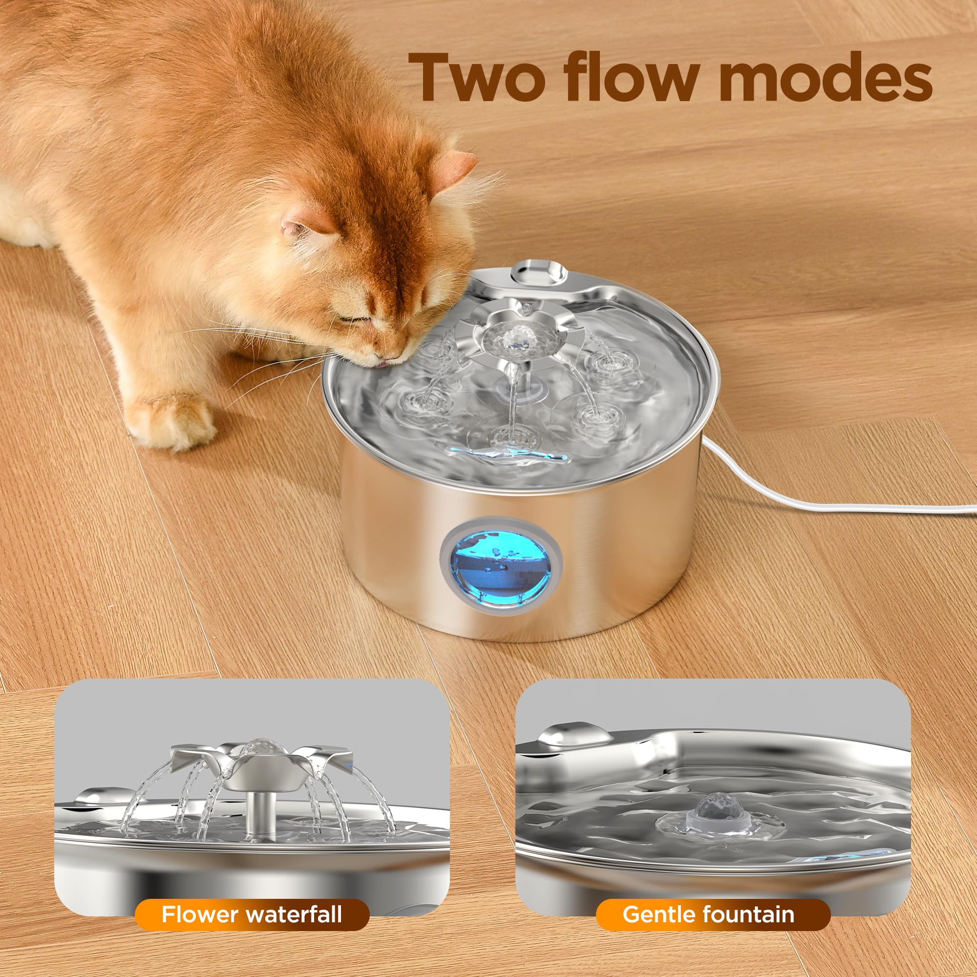 IHOUONE Cat Water Fountain Stainless Steel – 88oz/2.6L, Flower Spout, 4-Stage Filtration