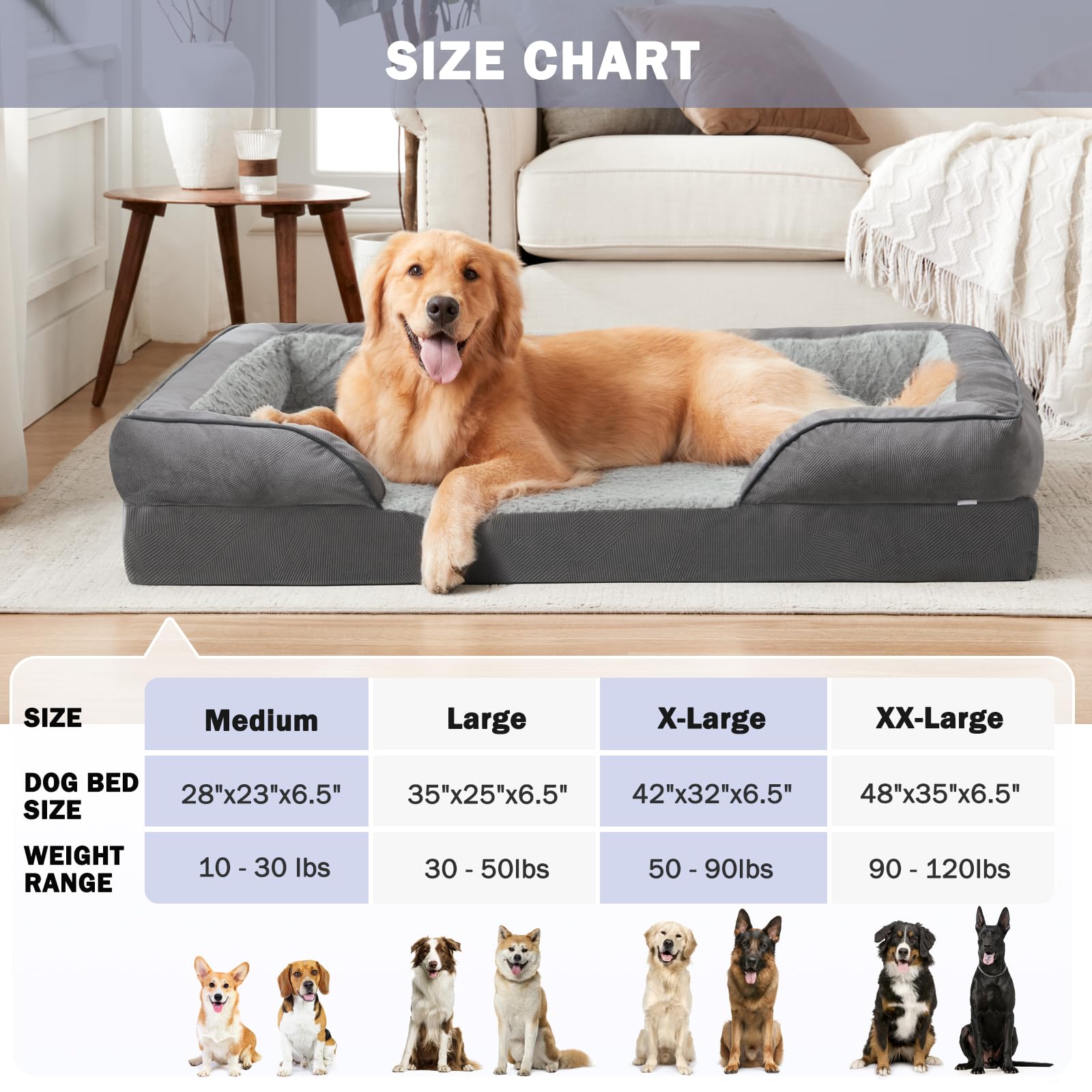INVENHO Orthopedic Dog Beds Large Sized, XL Washable Dog Sofa with Egg-Crate Foam, Waterproof Lining and Non-Skid Bottom