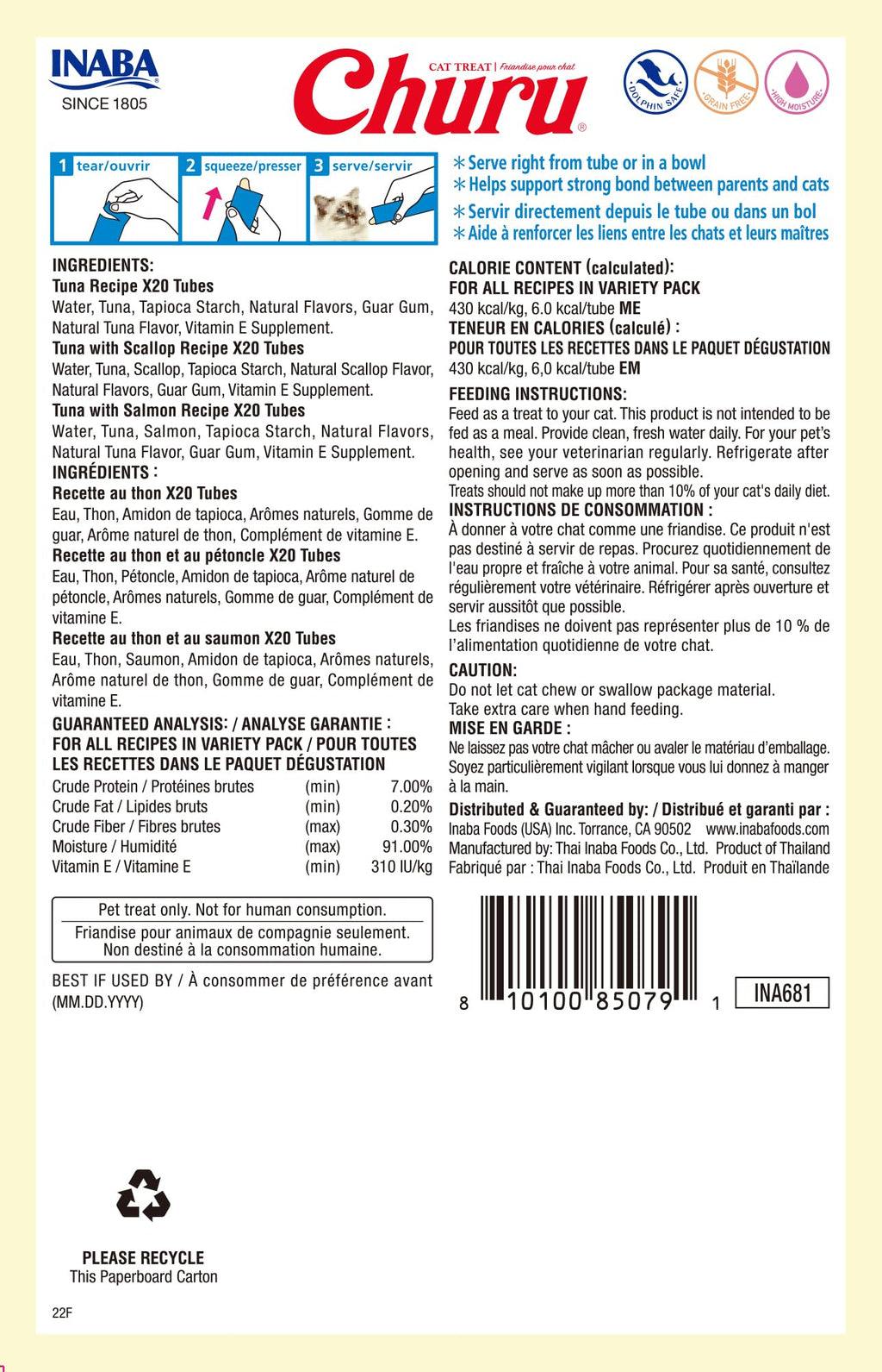 INABA Churu Cat Treats – Grain-Free Lickable Purée Topper (60 Servings, Tuna Variety Box)
