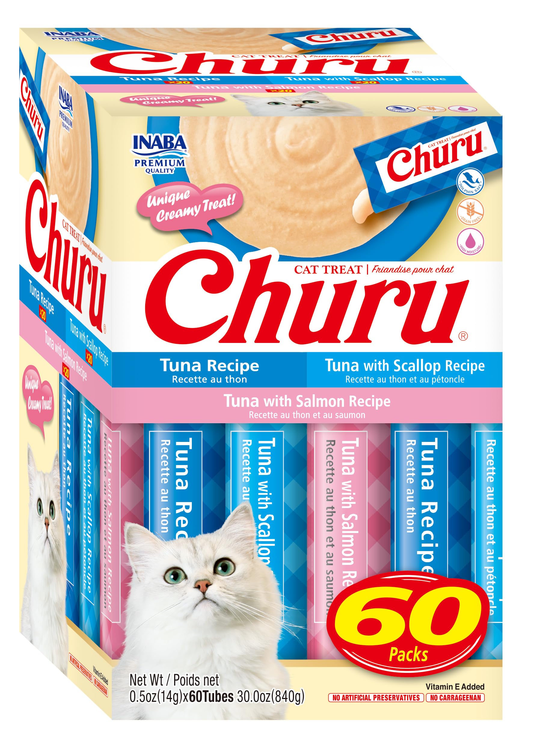 INABA Churu Cat Treats – Grain-Free Lickable Purée Topper (60 Servings, Tuna Variety Box)