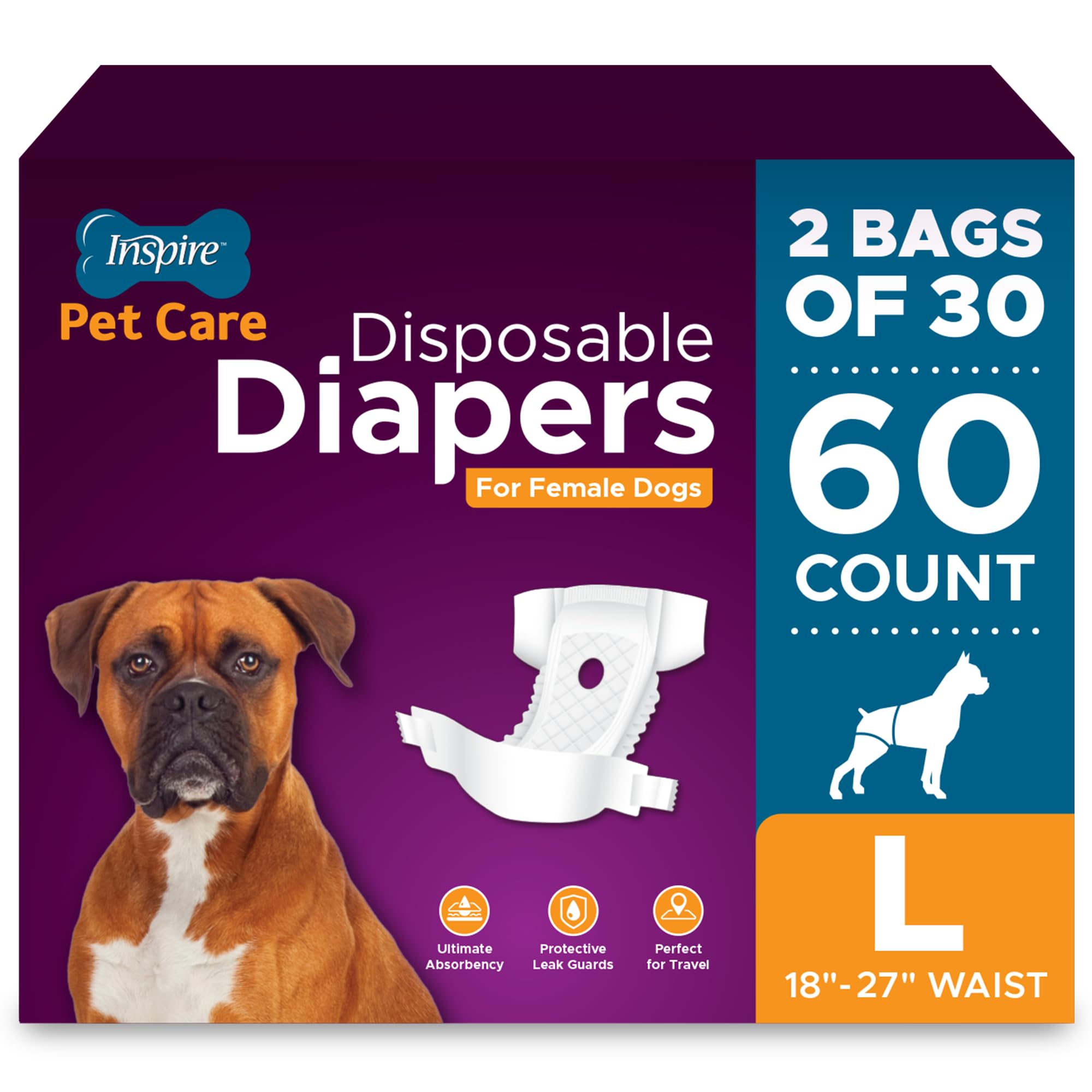 Inspire Pet Care Dog Diapers for Female Dogs – Bulk 60 Count | Leak-Proof Incontinence and Heat Protection