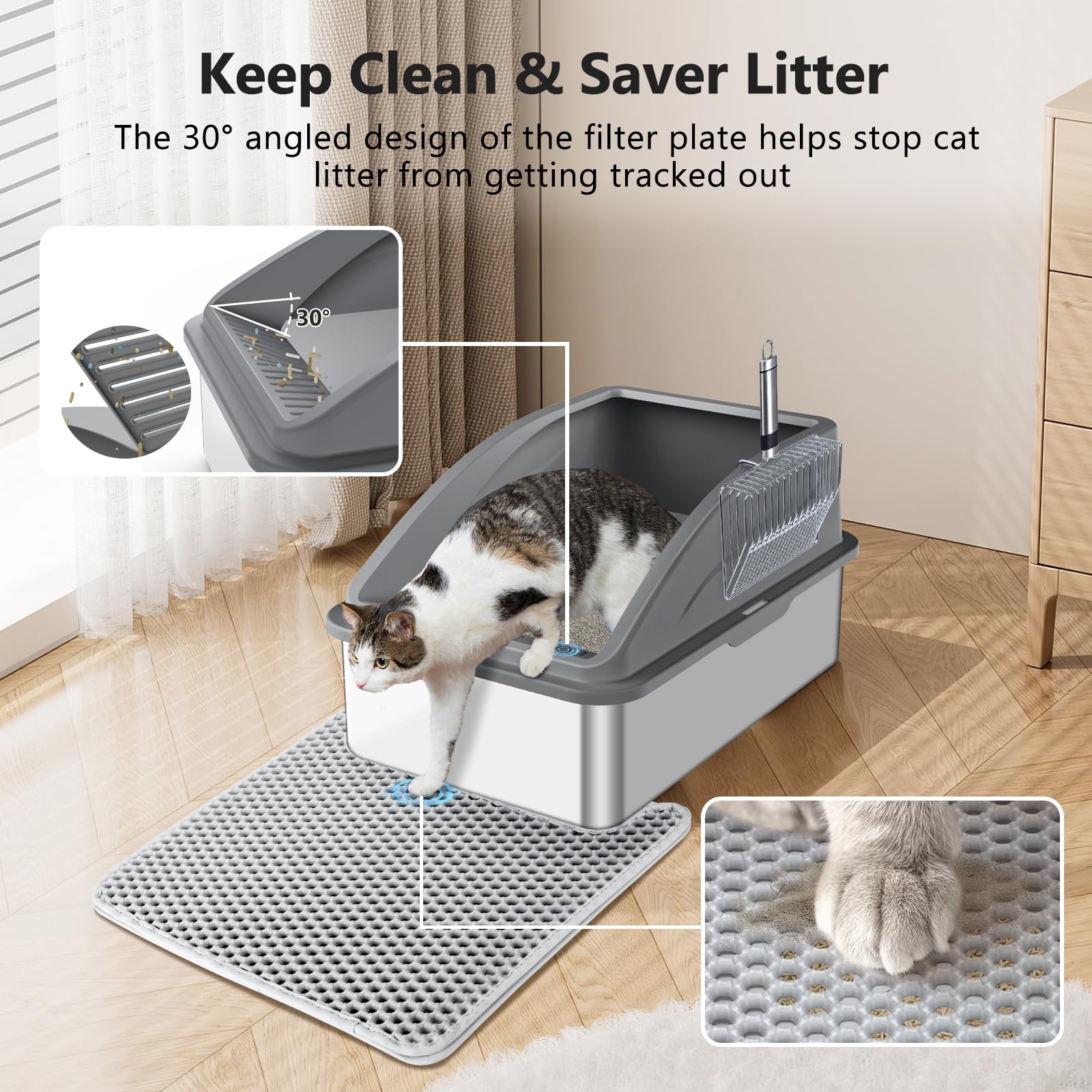 INVENHO Stainless Steel Litter Box – Extra Large, Leak-Proof with Lid, Easy-Clean
