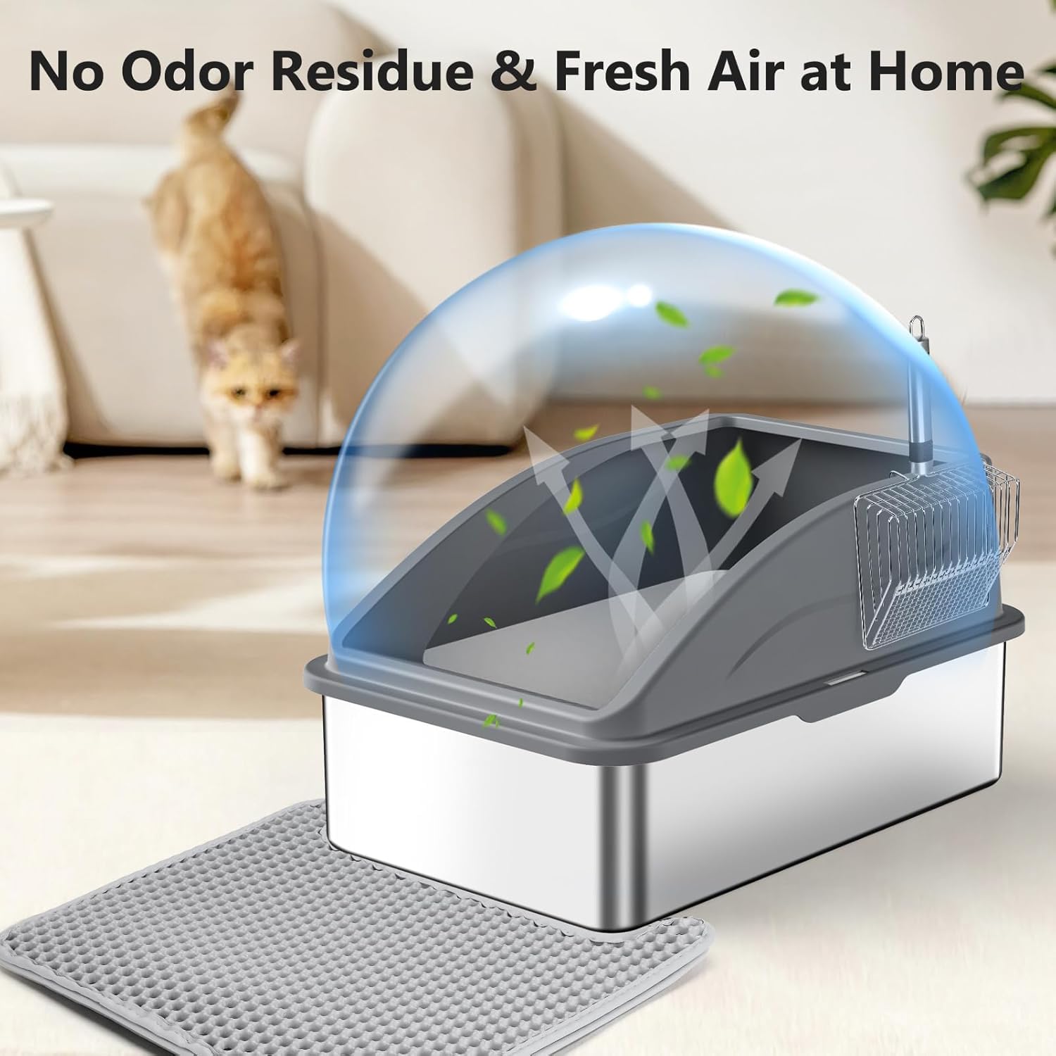 INVENHO Stainless Steel Litter Box – Extra Large, Leak-Proof with Lid, Easy-Clean
