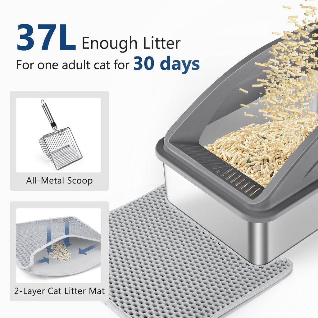 INVENHO Stainless Steel Litter Box – Extra Large, Leak-Proof with Lid, Easy-Clean