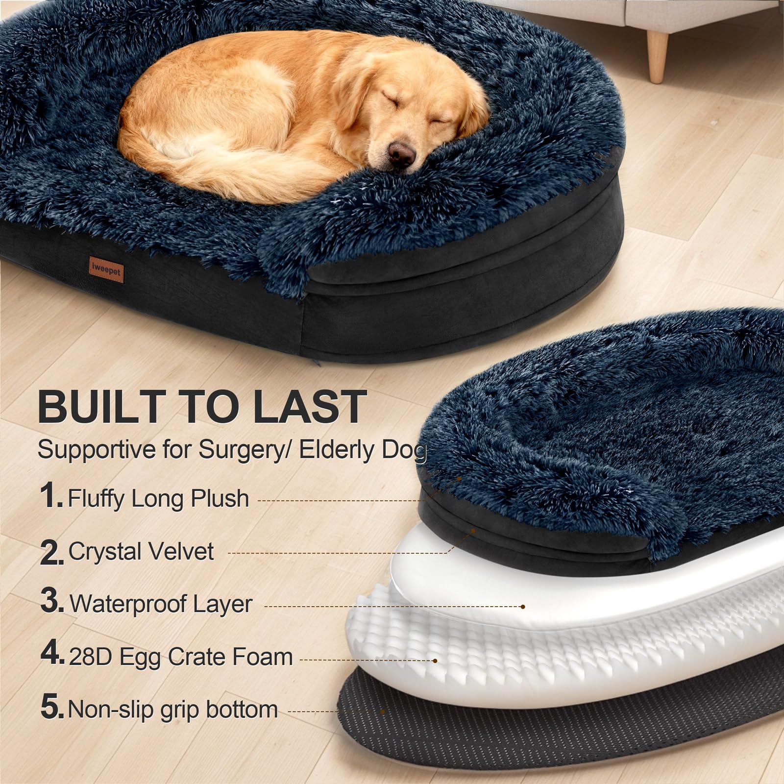 iweepet Black Dog Bed for Large Dogs — 41 x 32.6 x 7.7 in Orthopedic Memory Foam