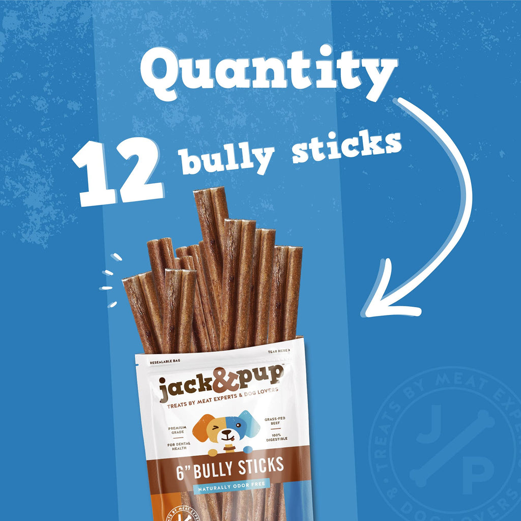 Jack&Pup 6-Inch Thick Bully Sticks for Dogs (12 Pack) – 100% Beef, Single-Ingredient Chews for Medium & Large Dogs