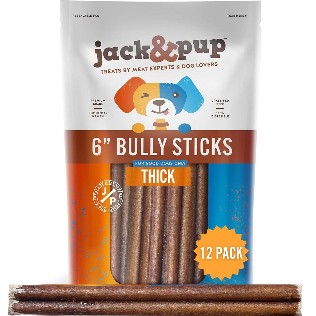 Jack&Pup 6-Inch Thick Bully Sticks for Dogs (12 Pack) – 100% Beef, Single-Ingredient Chews for Medium & Large Dogs