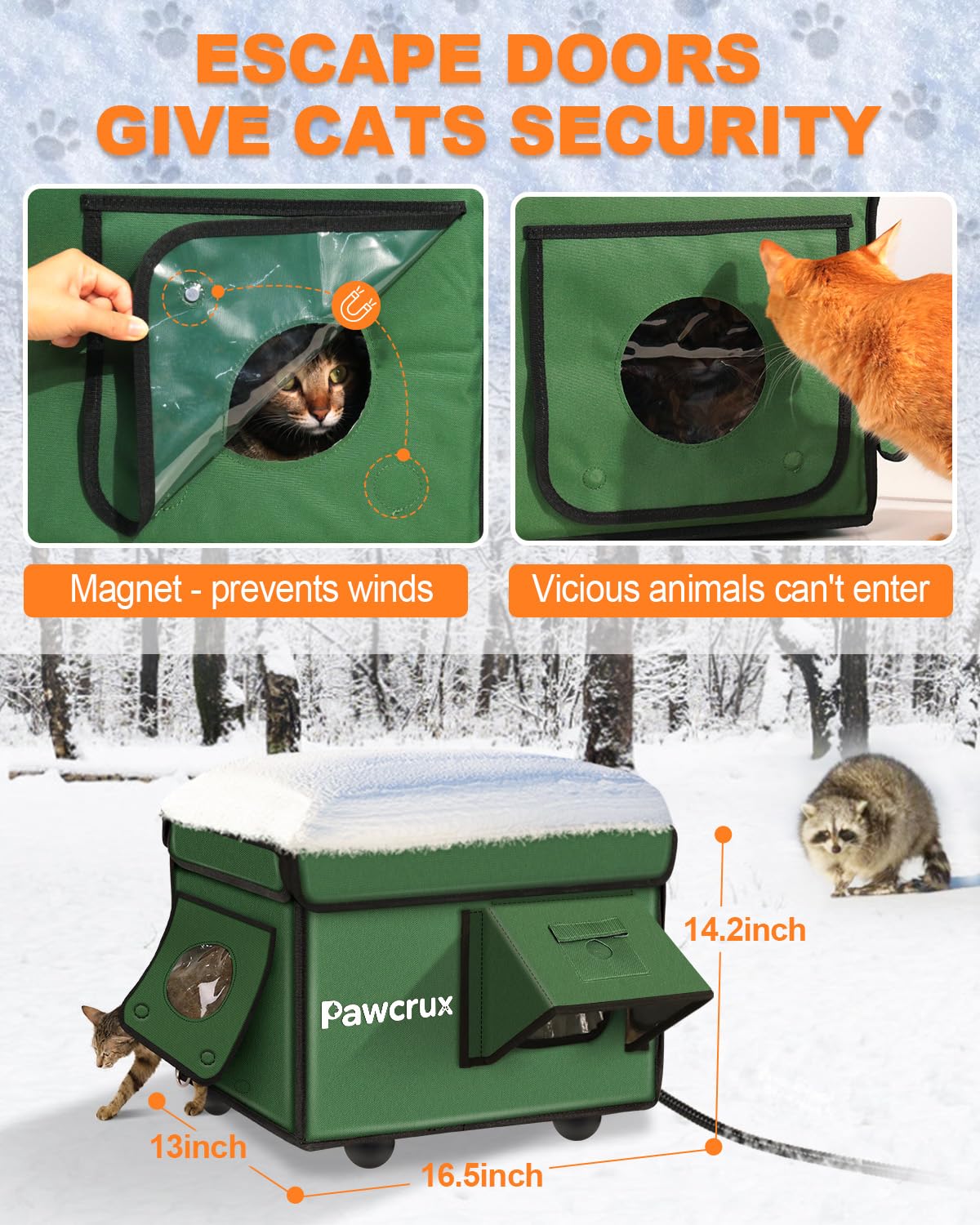 JLSAME Weatherproof Heated Cat House for Outdoor Winter – Insulated Shelter with Escape Door