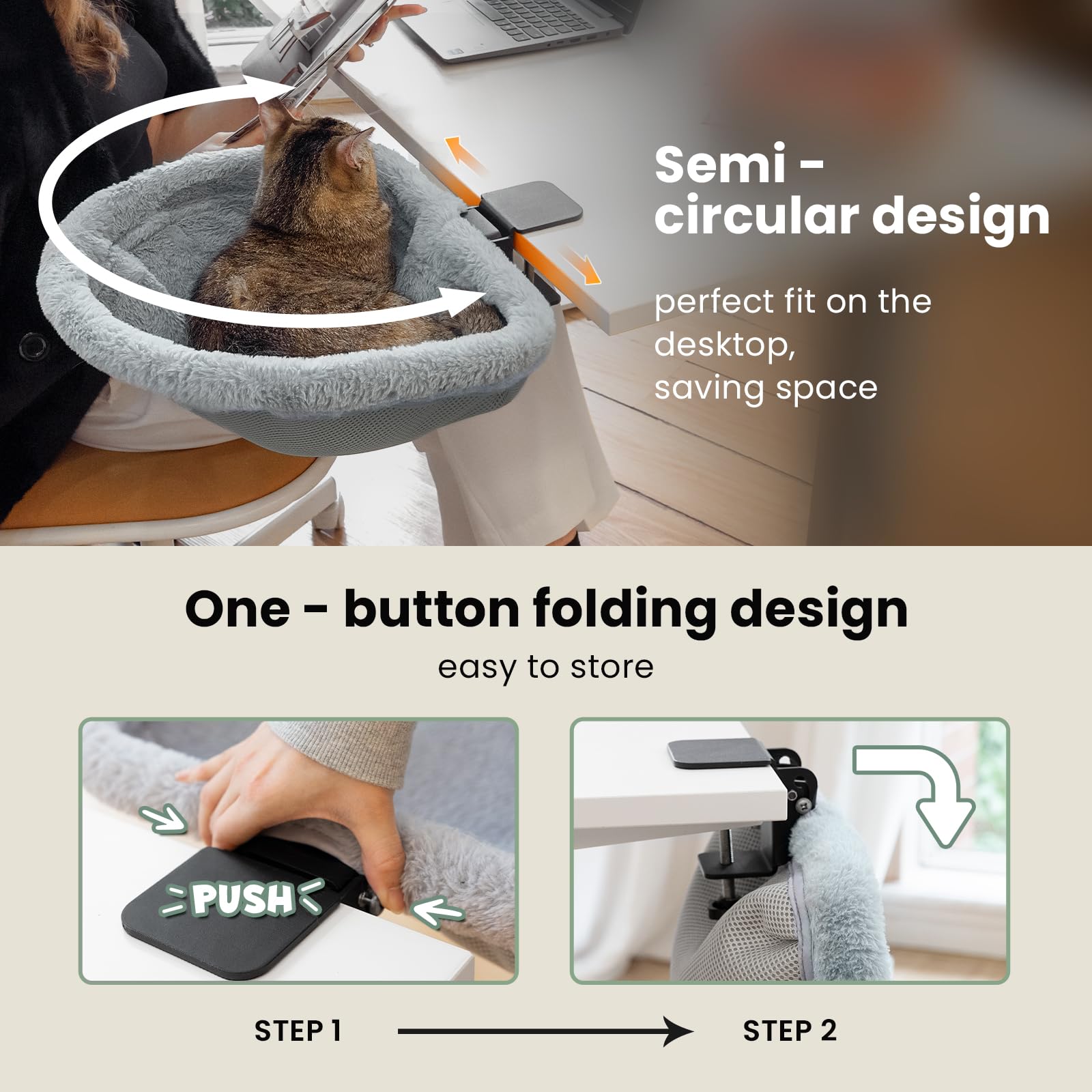 JUNSPOW Cat Desk Bed — One-Click Folding, Sunken Design, 40lb Capacity
