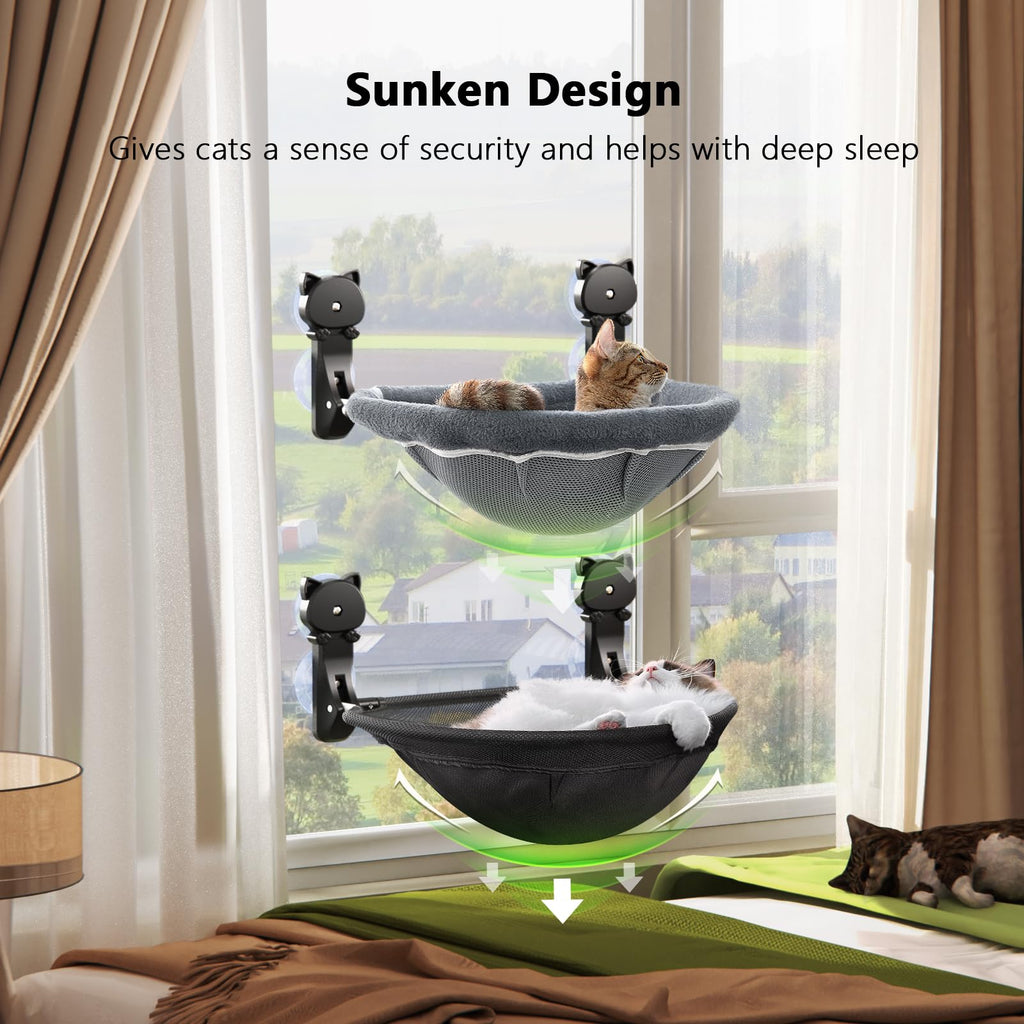 JUNSPOW 2 Pack Cat Window Perch – Foldable Sunken Design, Stable Suction, 40 lb Capacity