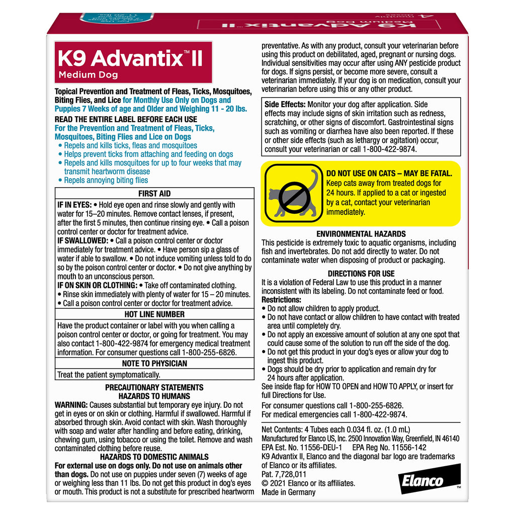 K9 Advantix II Medium Dog | Vet-Recommended Flea, Tick & Mosquito Prevention 11-20 lbs | 4-Mo Supply