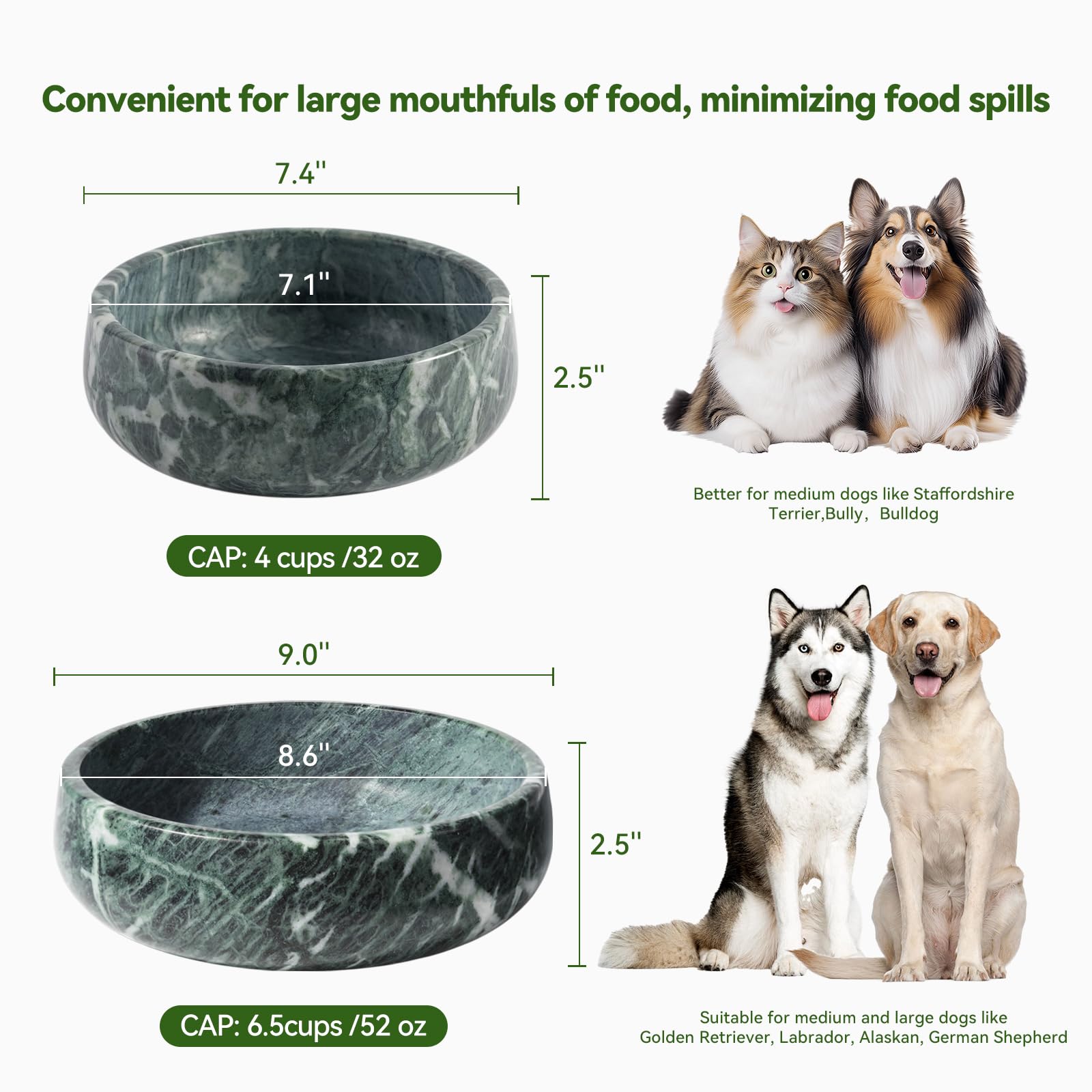 Karibiber Natural Marble Dog Bowl – 5lbs, Non-Slip, 4-Cup Capacity, Indian Green