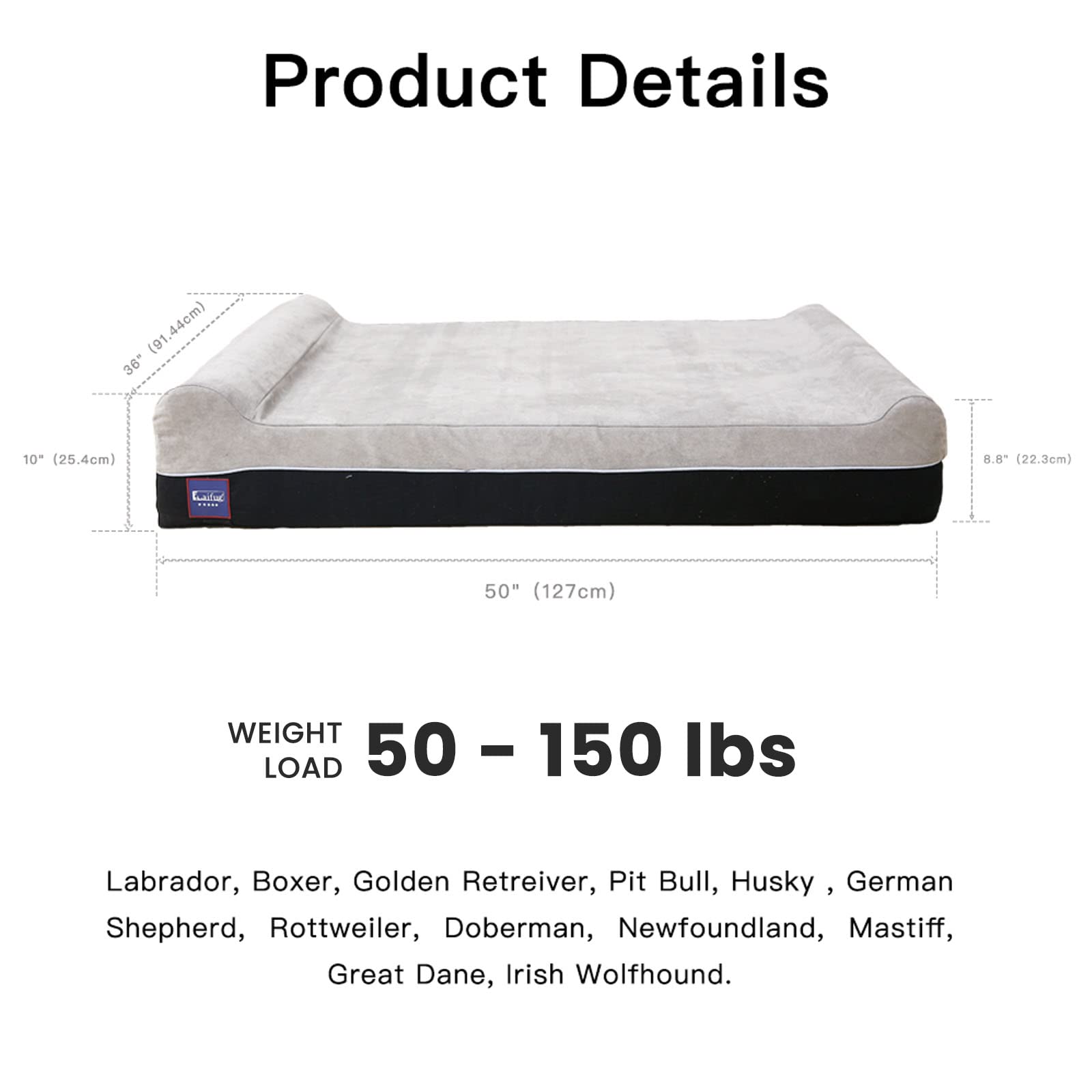 Laifug Orthopedic Memory Foam Extra Large Dog Bed 50x36 – Waterproof Liner & Removable Cover