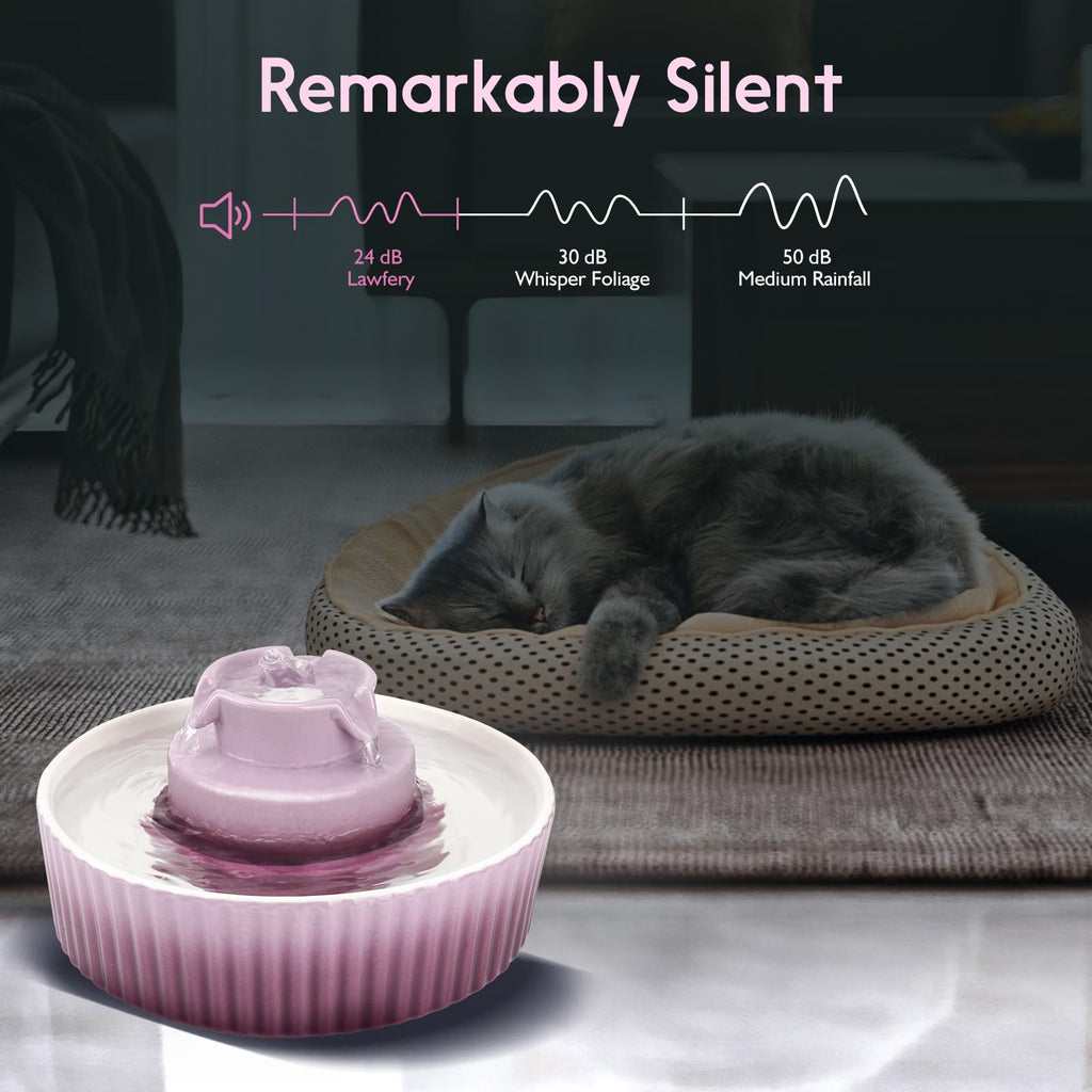 Lawfery Ceramic Cat Water Fountain 2.1L Cupcake Purple – Quiet Pumps & 3 Filters