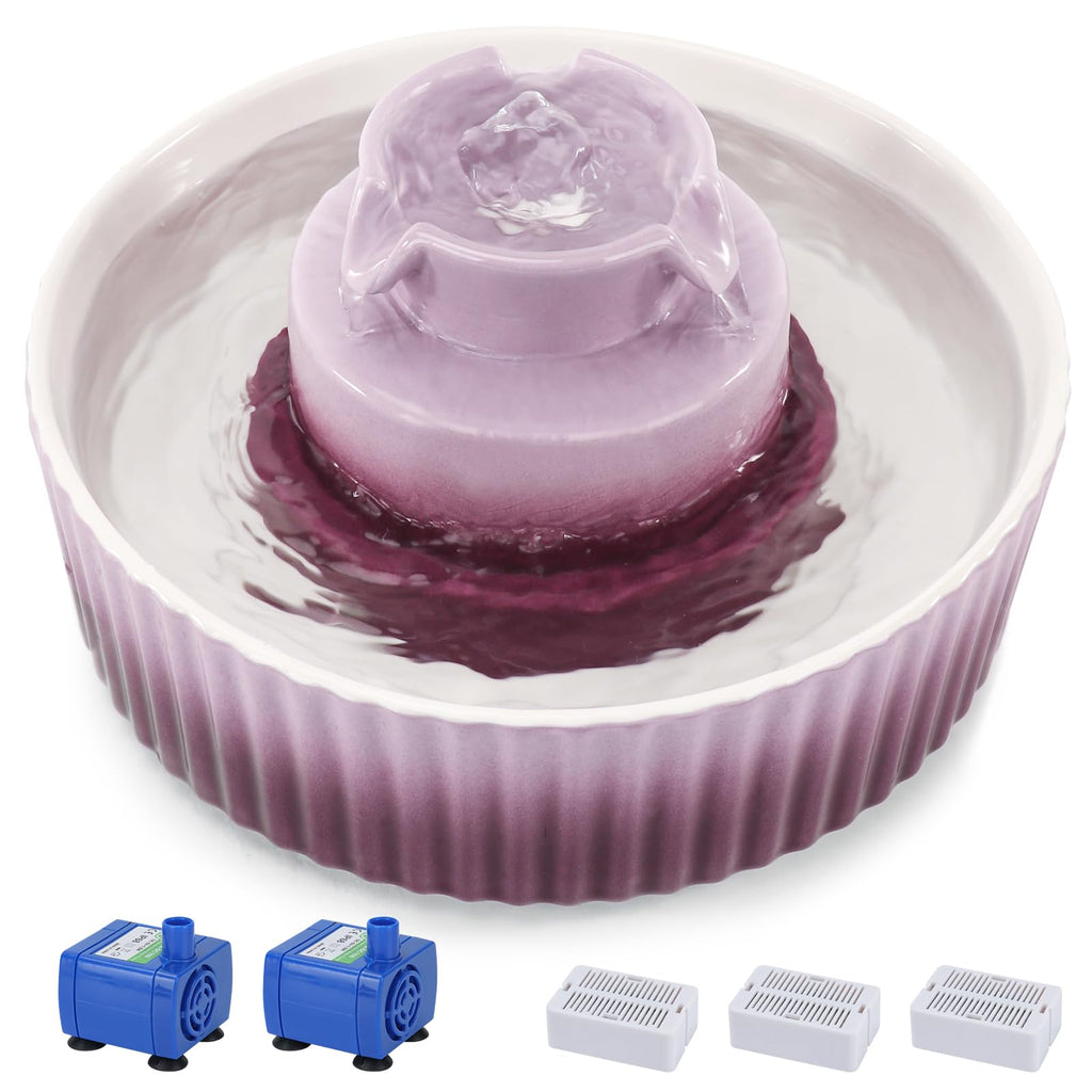Lawfery Ceramic Cat Water Fountain 2.1L Cupcake Purple – Quiet Pumps & 3 Filters