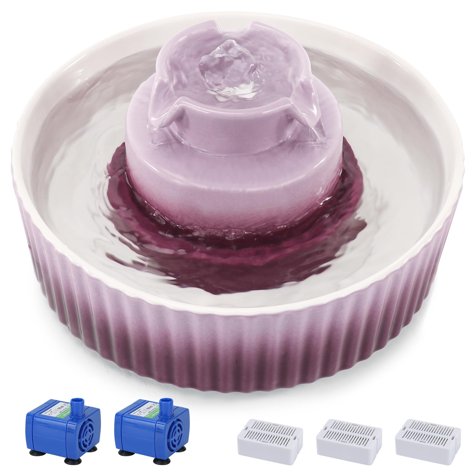 Lawfery Ceramic Cat Water Fountain 2.1L Cupcake Purple – Quiet Pumps & 3 Filters
