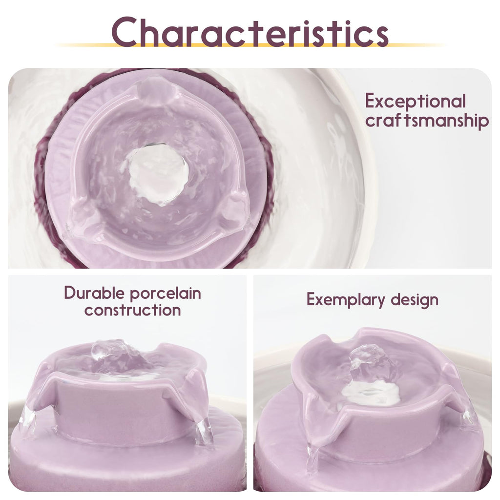 Lawfery Ceramic Cat Water Fountain 2.1L Cupcake Purple – Quiet Pumps & 3 Filters