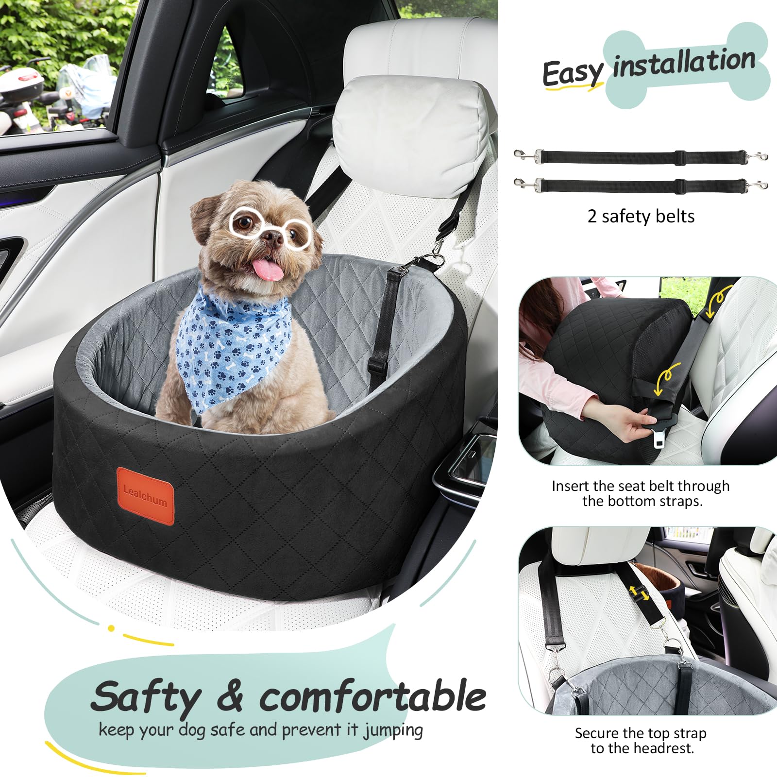 Lealchum Dog Car Seat for Small Dogs Up to 30 Lbs – Ultra-Soft Memory Foam, Anti-Slip, Washable
