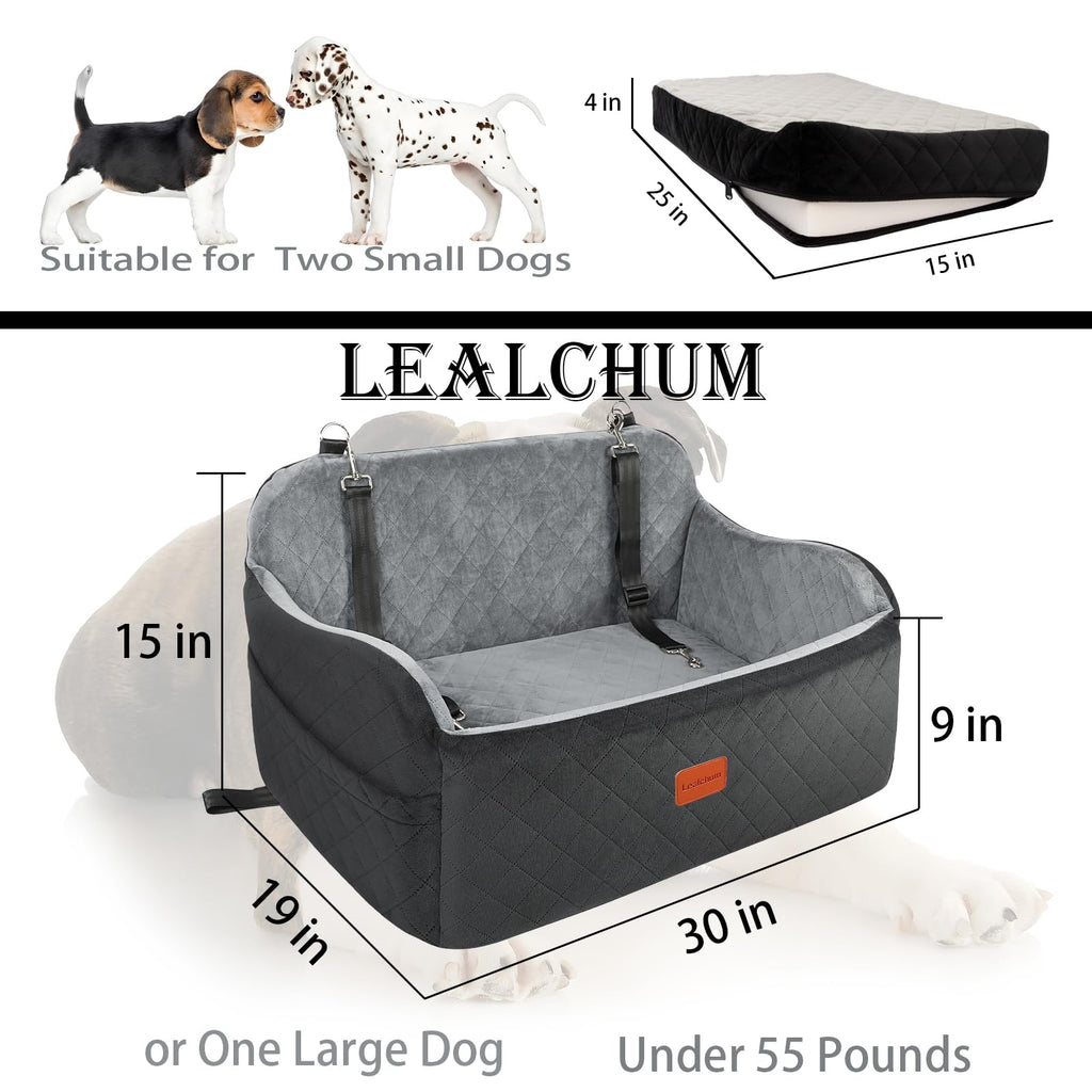 Lealchum Dog Car Seat Up to 55lb | 2 Clip-On Leashes, Detachable & Washable Bed for 2 Small Dogs (Black/Grey)