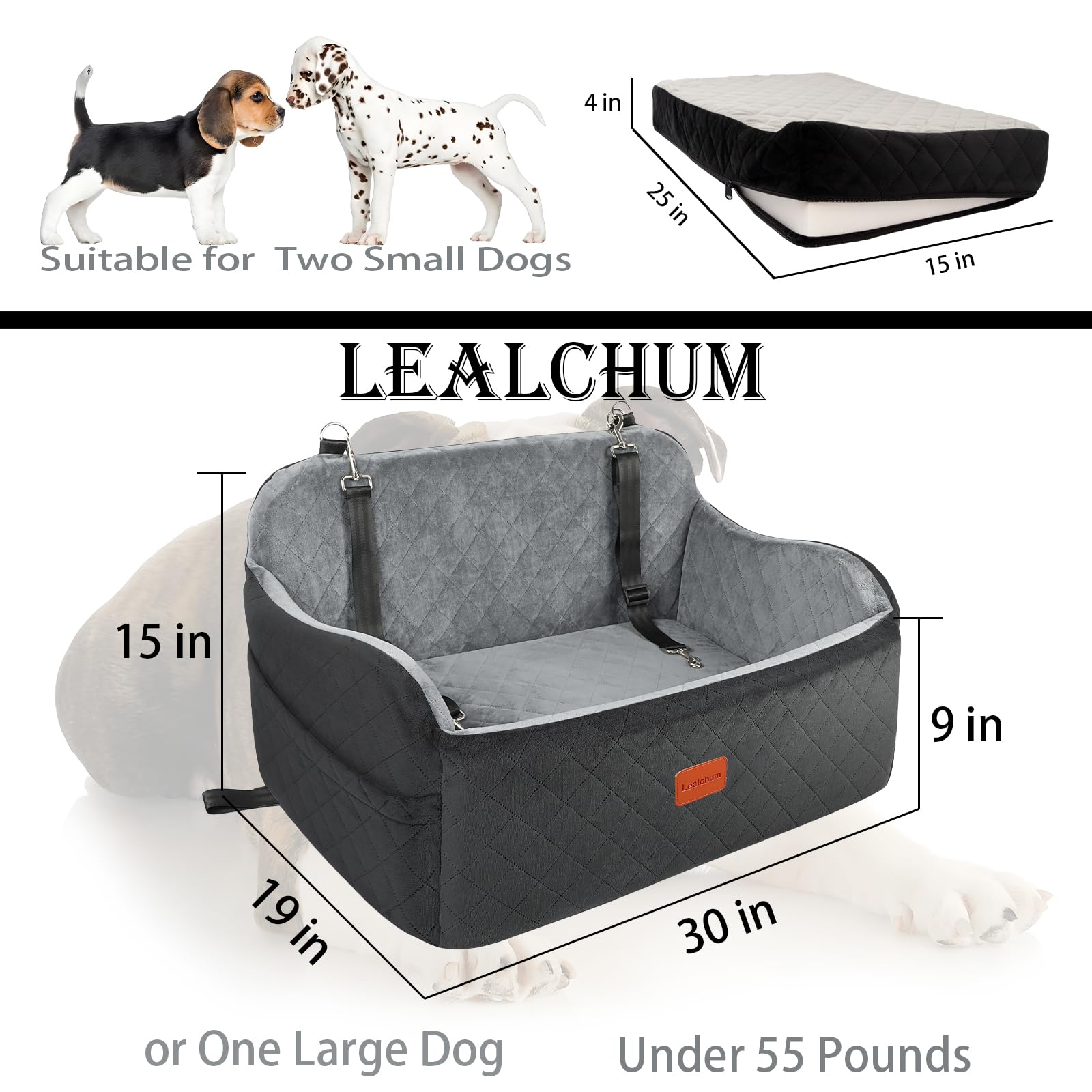 Lealchum Dog Car Seat Up to 55lb | 2 Clip-On Leashes, Detachable & Washable Bed for 2 Small Dogs (Black/Grey)