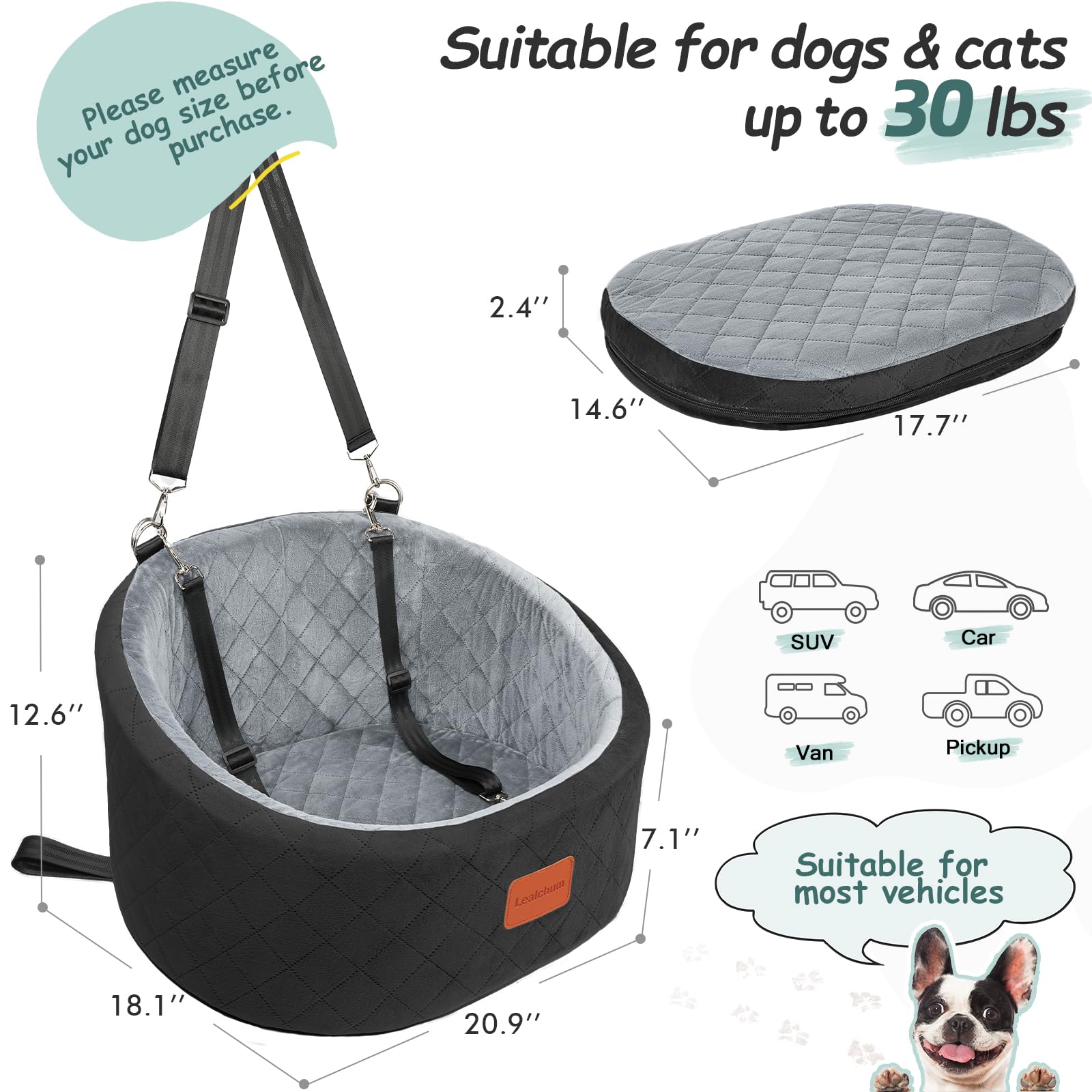 Lealchum Dog Car Seat for Small Dogs Up to 30 Lbs – Ultra-Soft Memory Foam, Anti-Slip, Washable