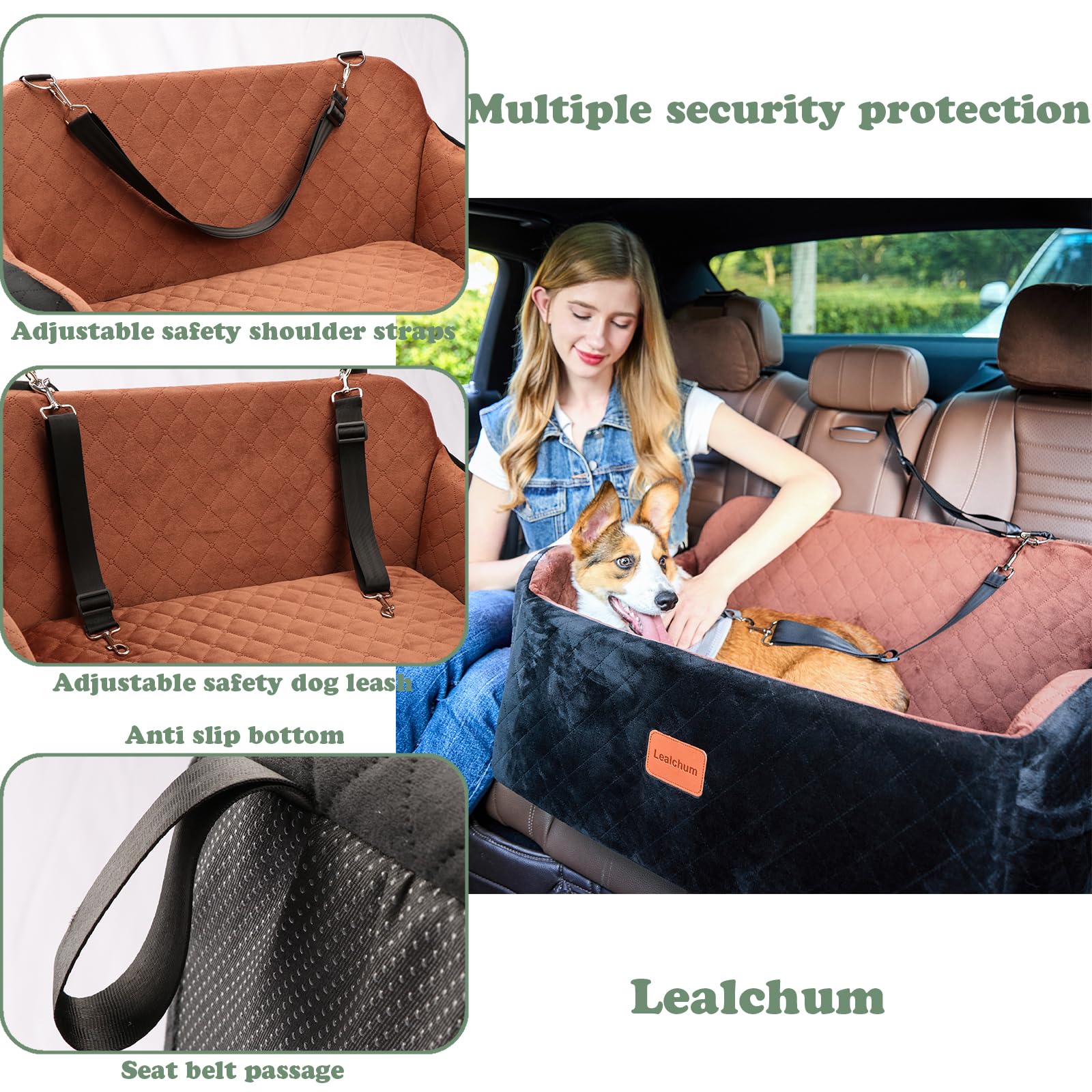 Lealchum Dog Car Seat Up to 55lb | 2 Clip-On Leashes, Detachable & Washable Bed for 2 Small Dogs (Black/Grey)