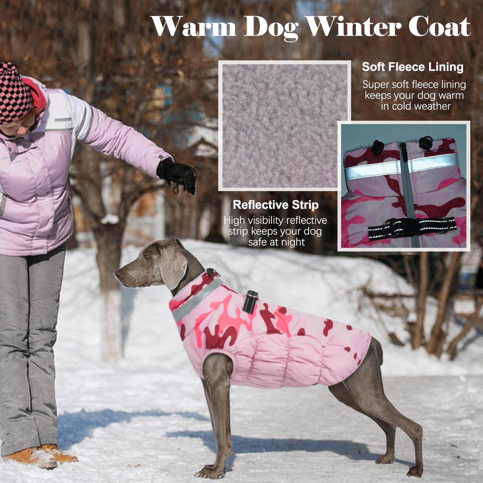 LeLePet Warm Dog Winter Coat for Large Dogs — Waterproof, Harness Built-In, Reflective, Windproof, Pink Camo XXL
