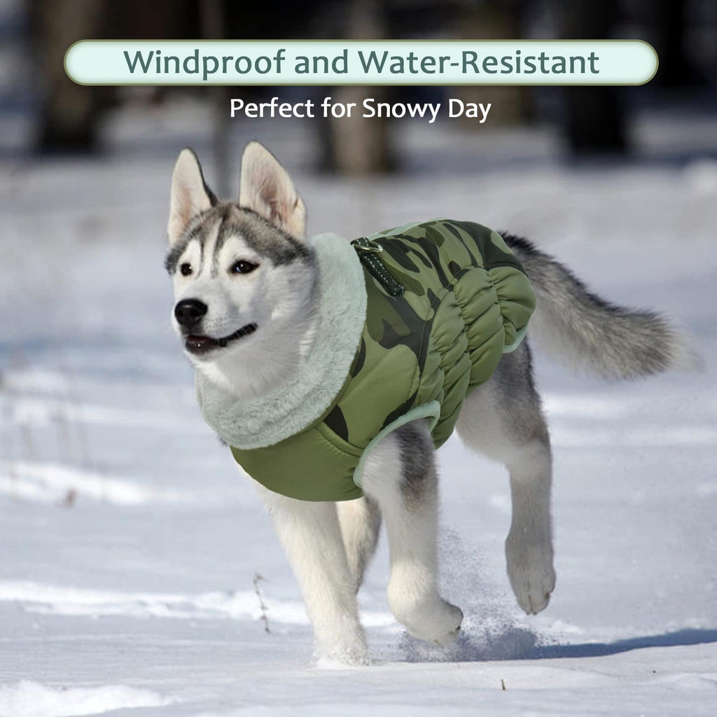 LeLePet Warm Winter Dog Coat with Built-In Harness — Waterproof Fleece Vest for Large Dogs (Green Camouflage, L)