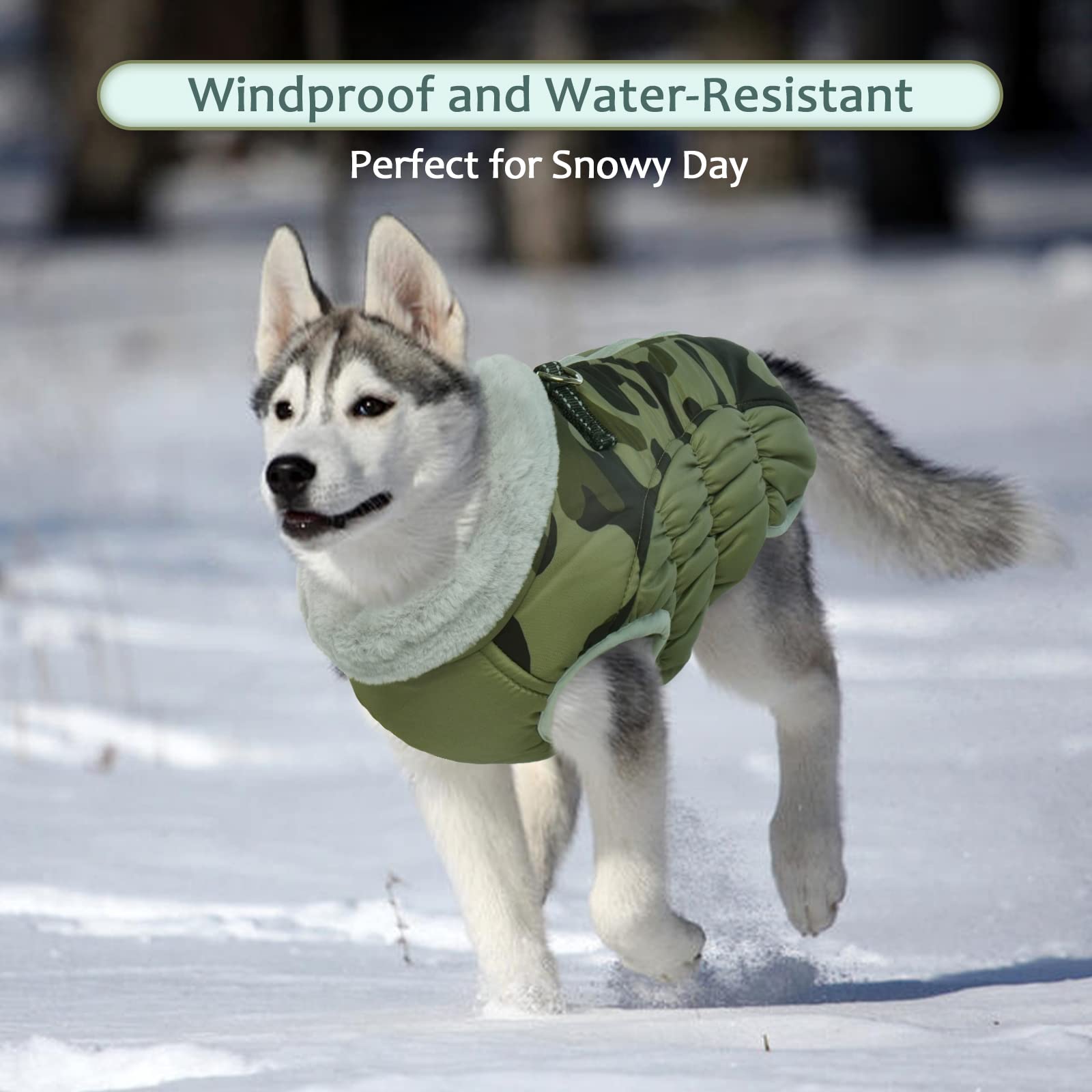LeLePet Warm Winter Dog Coat with Built-In Harness — Waterproof Fleece Vest for Large Dogs (Green Camouflage, L)