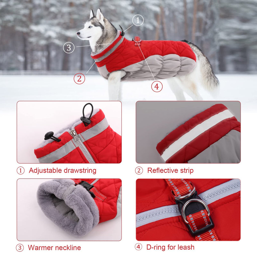 LeLePet Dog Coat Winter Jacket with Built-in Harness — Reflective, Waterproof Fleece Vest for Large Dogs (Red, 2XL)