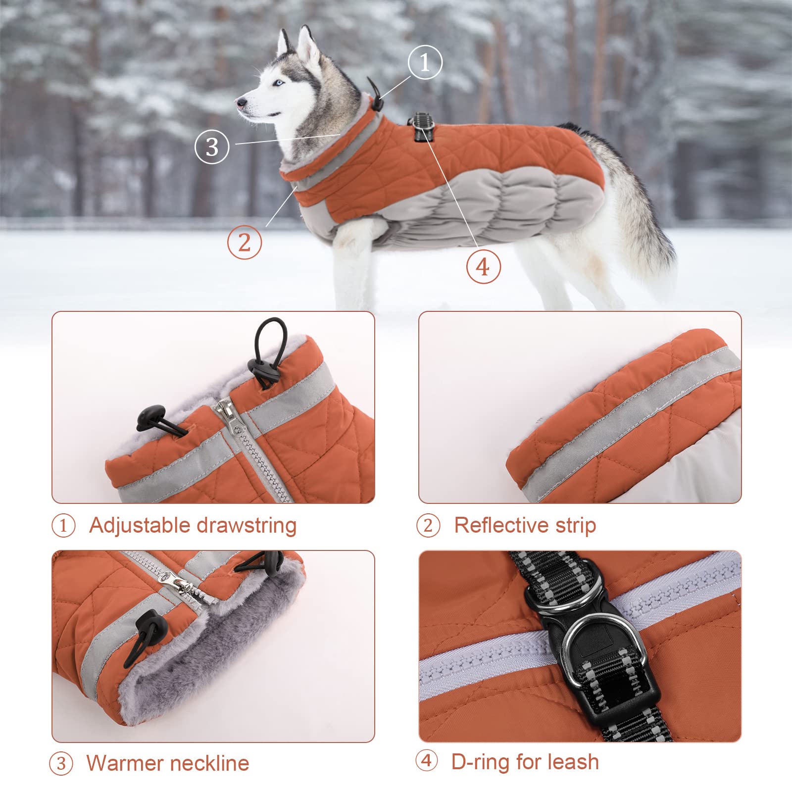 LeLePet Warm Waterproof Dog Coat with Harness – Large Dogs Winter Jacket, Reflective Turtleneck
