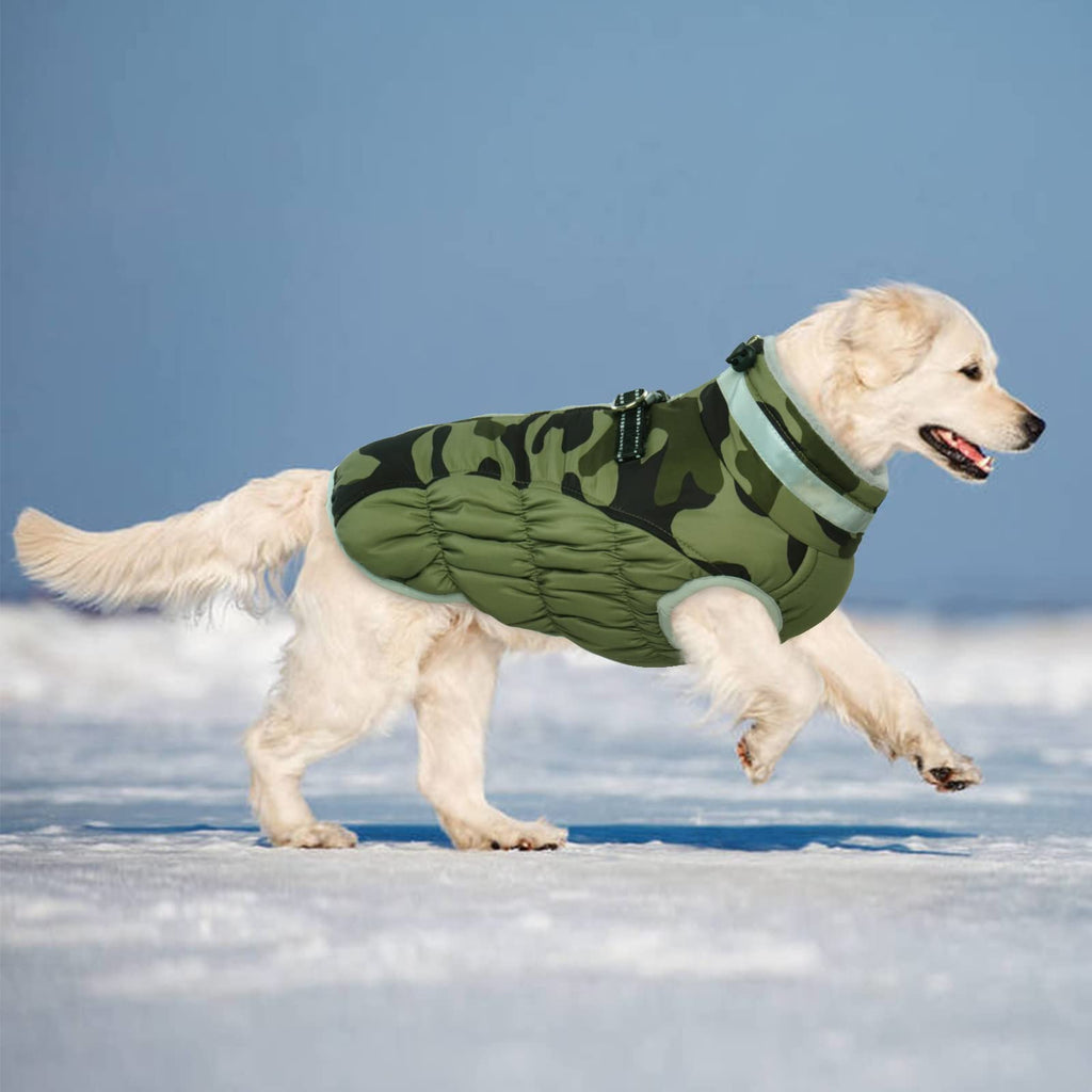 LeLePet Warm Winter Dog Coat with Built-In Harness — Waterproof Fleece Vest for Large Dogs (Green Camouflage, L)