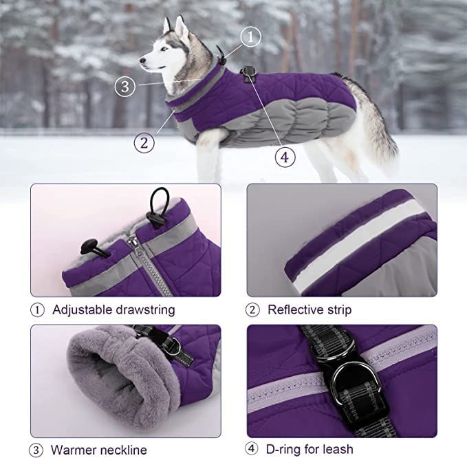 LeLePet Waterproof Dog Coat with Harness – Warm Fleece Winter Jacket for Large Dogs, Reflective, Turtleneck (Purple, 2XL)