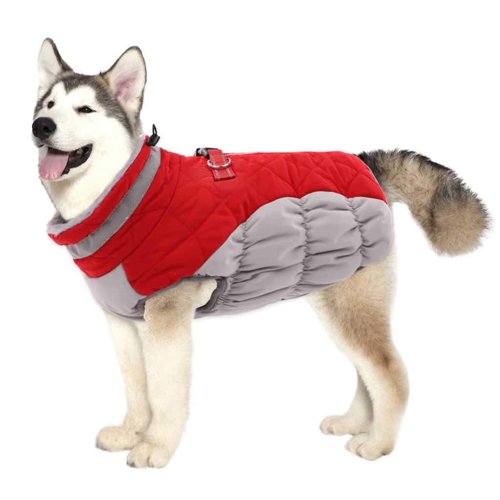 LeLePet Dog Coat Winter Jacket with Built-in Harness — Reflective, Waterproof Fleece Vest for Large Dogs (Red, 2XL)