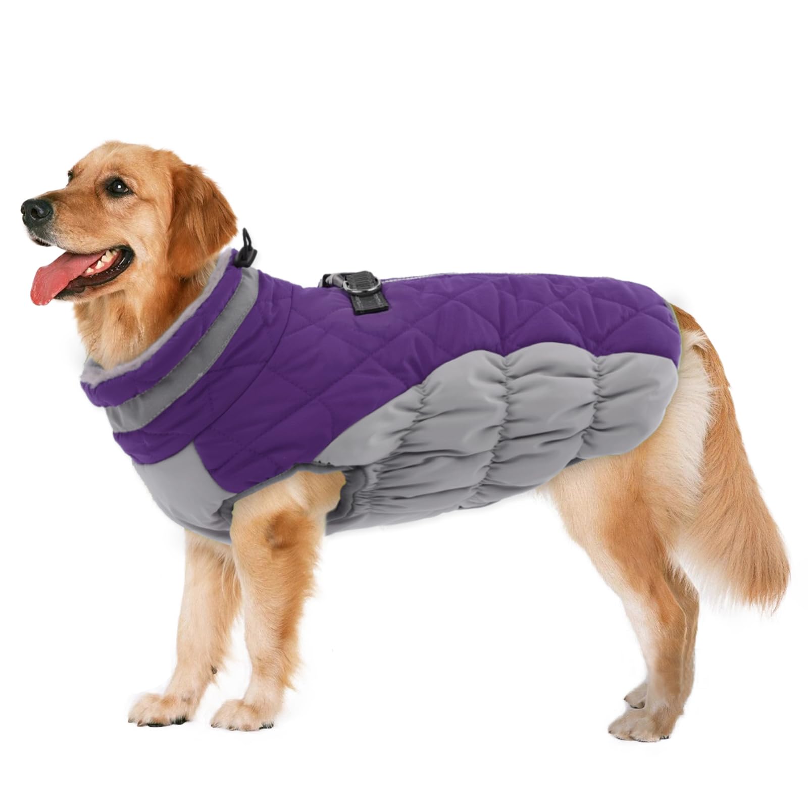 LeLePet Waterproof Dog Coat with Harness – Warm Fleece Winter Jacket for Large Dogs, Reflective, Turtleneck (Purple, 2XL)