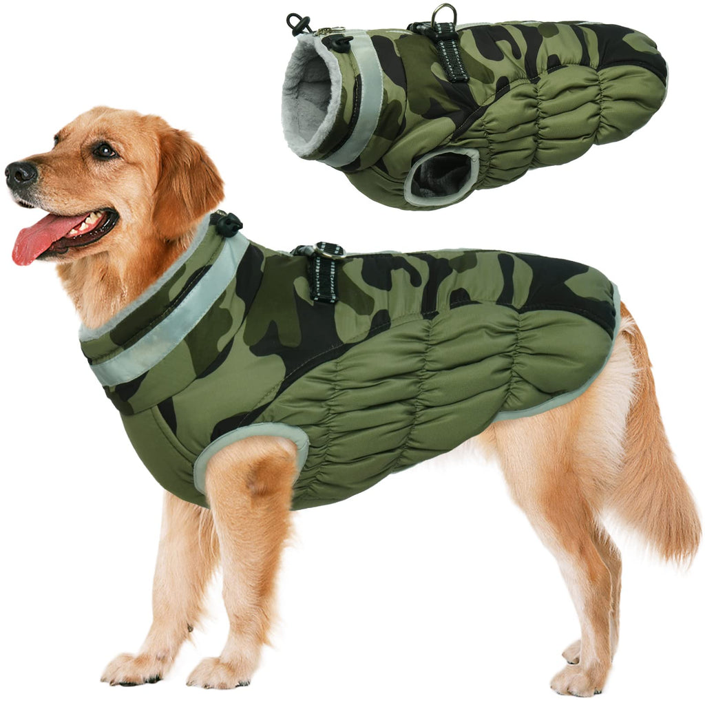 LeLePet Warm Winter Dog Coat with Built-In Harness — Waterproof Fleece Vest for Large Dogs (Green Camouflage, L)