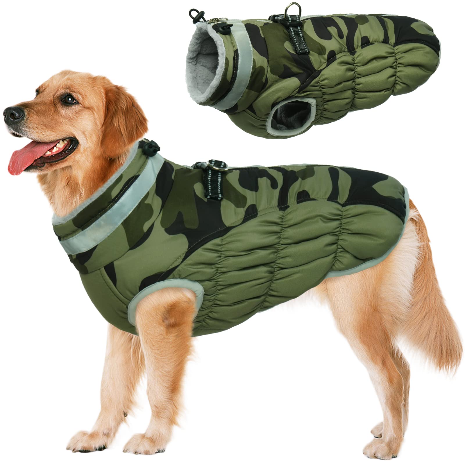 LeLePet Warm Winter Dog Coat with Built-In Harness — Waterproof Fleece Vest for Large Dogs (Green Camouflage, L)